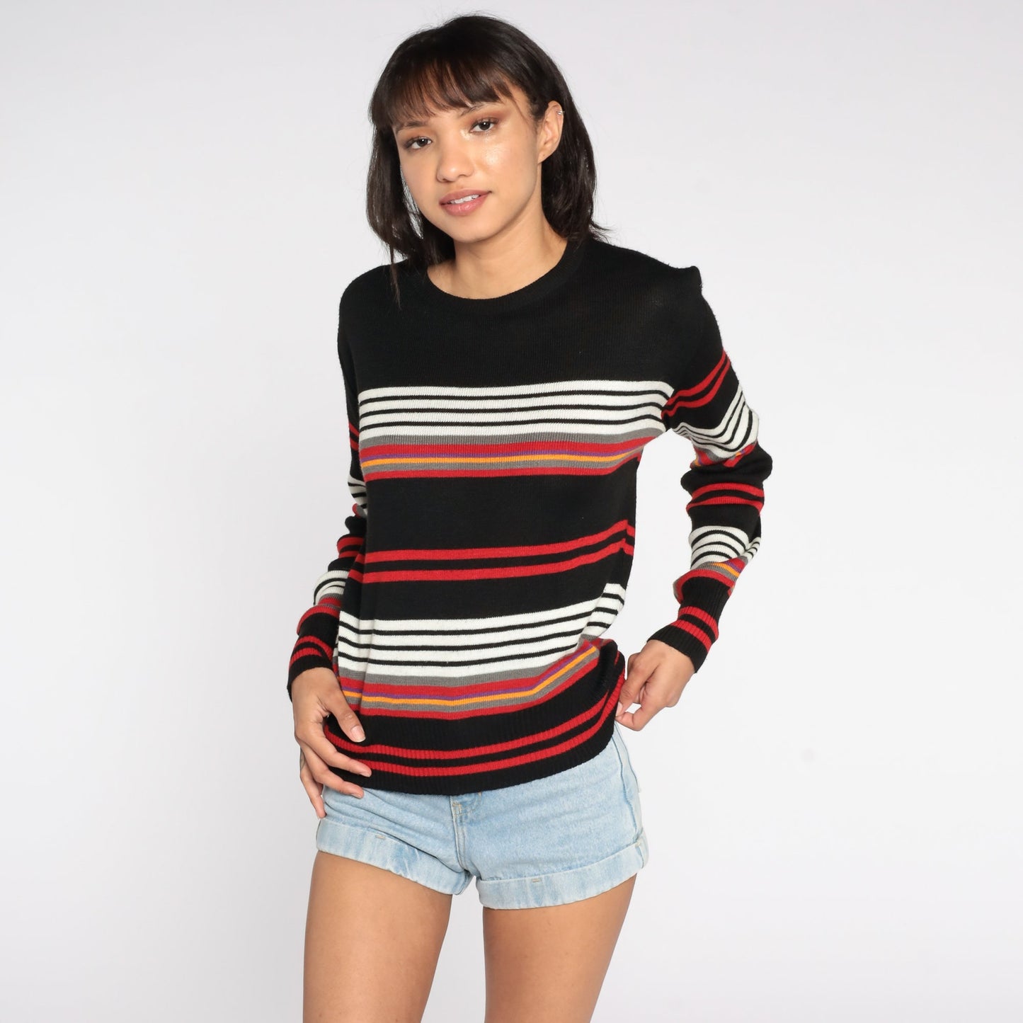 80s Black Striped Knit Sweater Crewneck Pullover Large