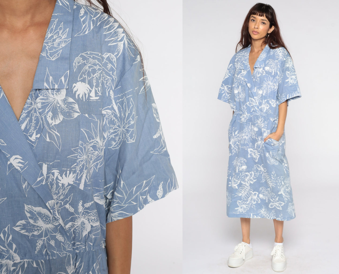 80s Tropical Palm Floral Midi Dress High Waist Wrap Blue Cotton Extra Large