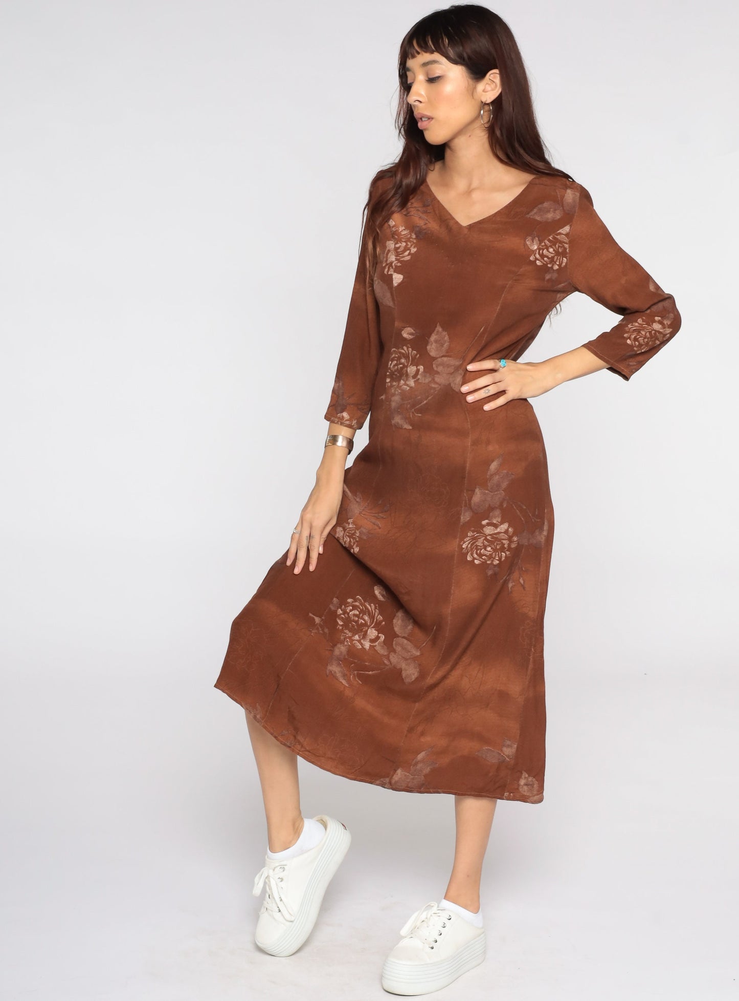 90s Brown Floral Rayon Dress Long Sleeve Maxi Small