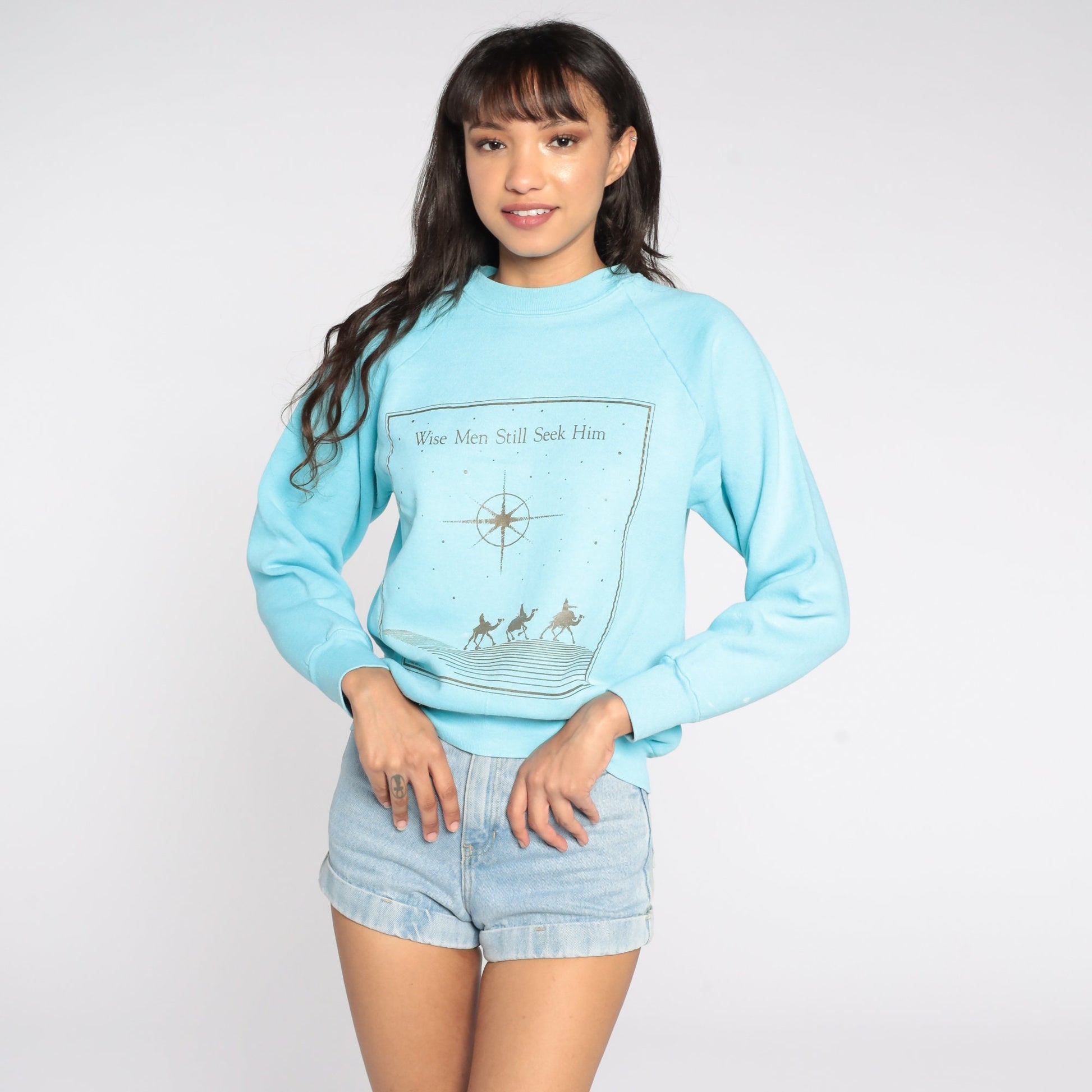 80s Three Wise Men Christian Sweatshirt Baby Blue Raglan Graphic Small