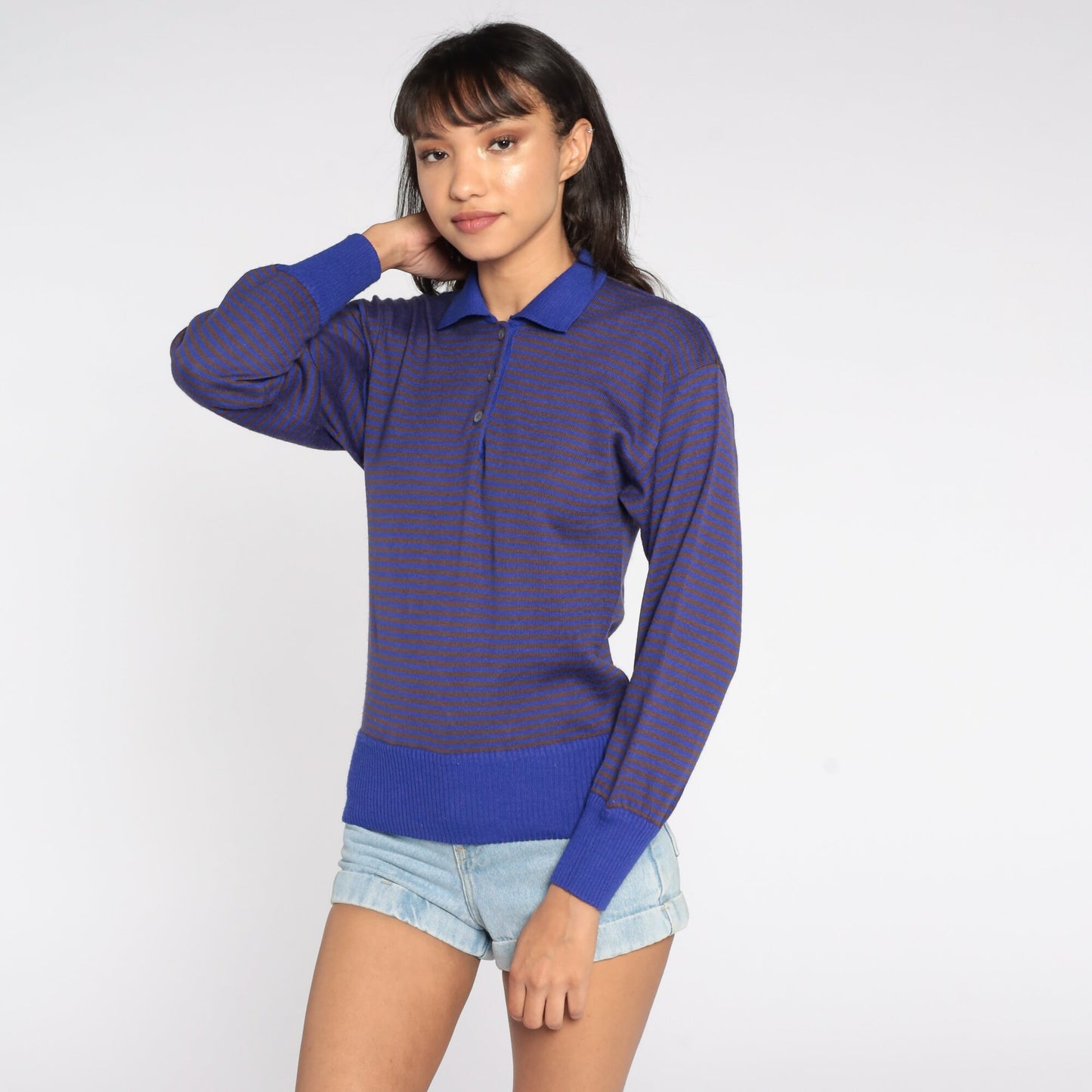 80s Purple Striped Knit Pullover Sweater Collar Buttons Small