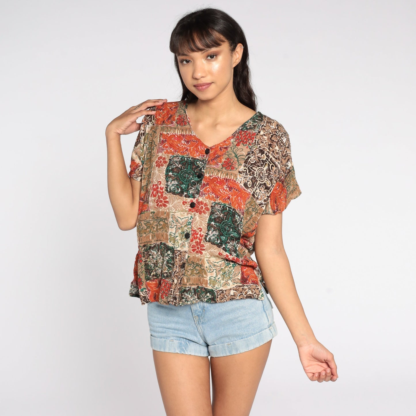 90s Patchwork Orange Floral Button-Up Shirt Rayon Blouse Medium