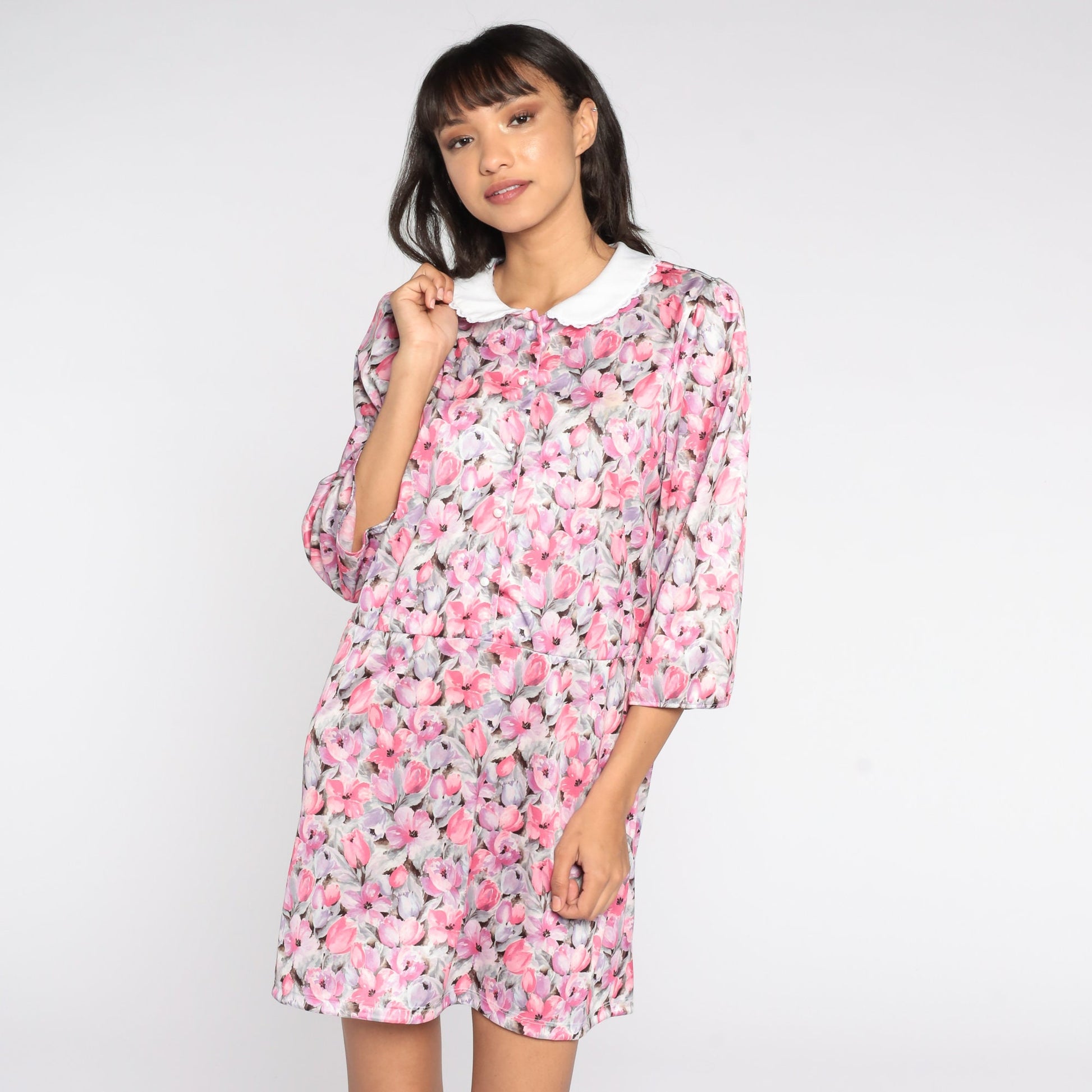 80s Pink Floral Mini Dress Peter Pan Collar Puff Sleeve Button Front Medium Large