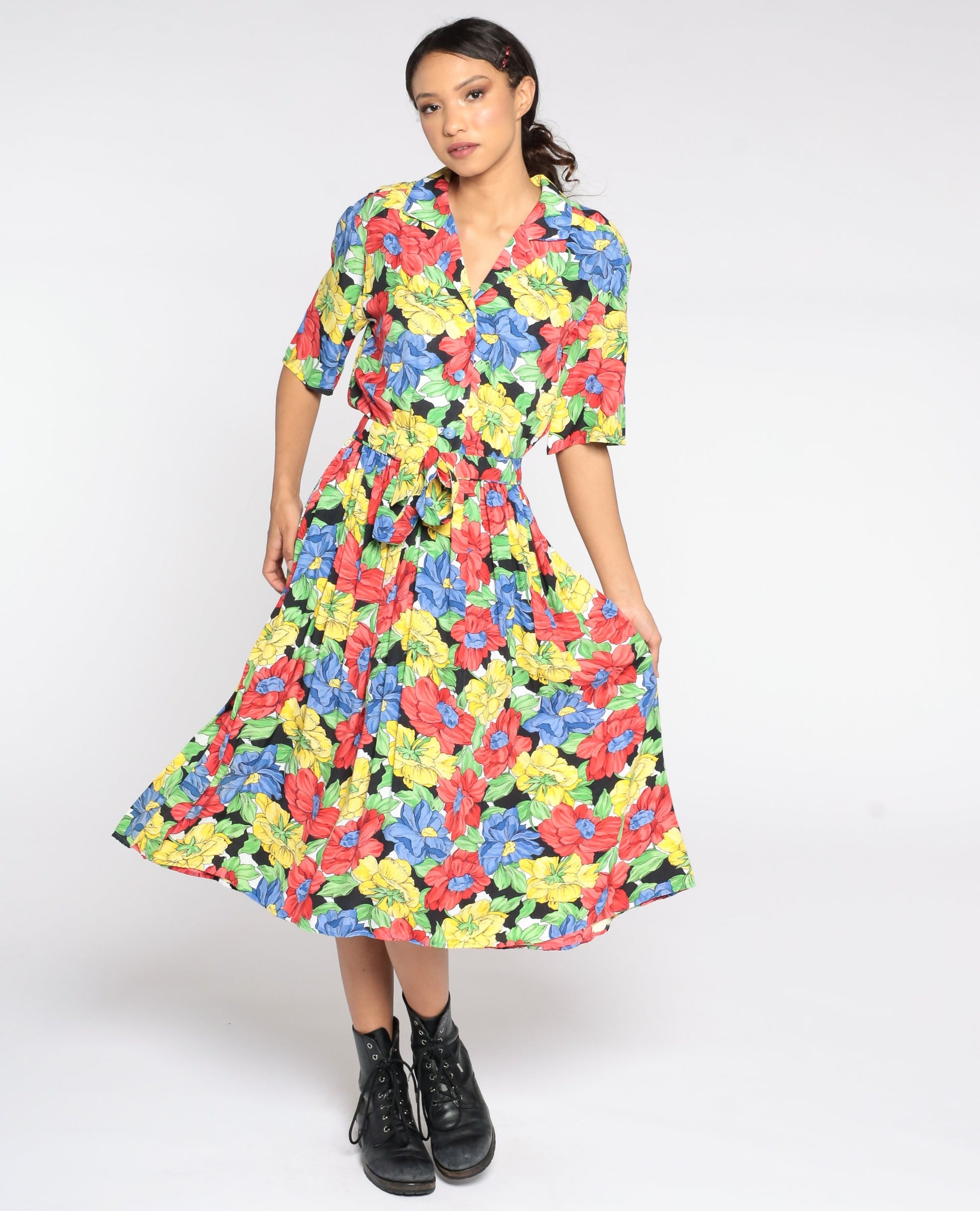 80s Floral Midi Dress High Waist Button Front Short Sleeve Red Yellow Blue Medium Large