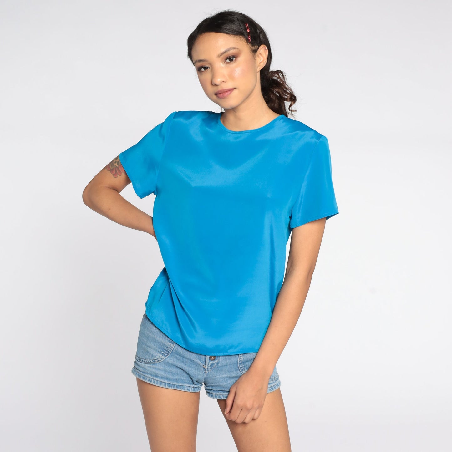 80s Blue Short Sleeve Blouse Plain Polyester Shirt Extra Small
