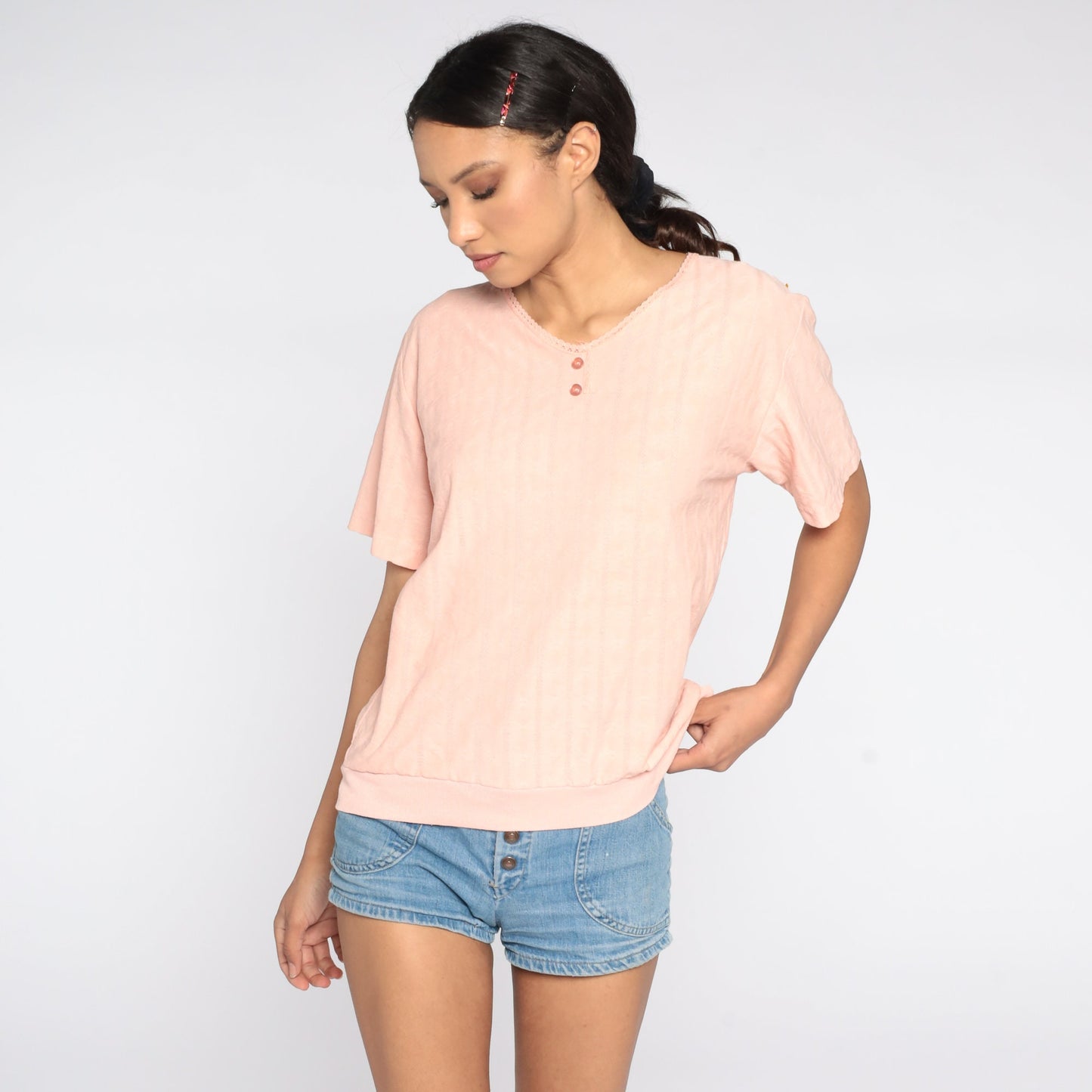 80s Peach Slouchy Shirt Ribbed Banded Hem Short Sleeve Small Medium