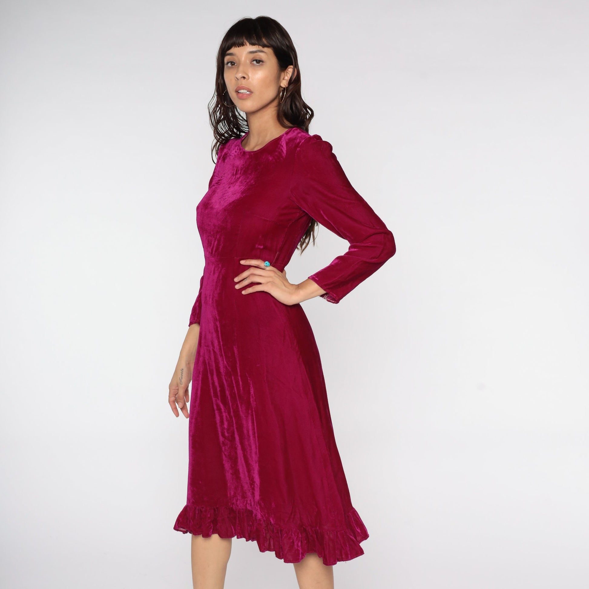 80s Raspberry Red Velvet Midi Dress High Waist Long Sleeve Small