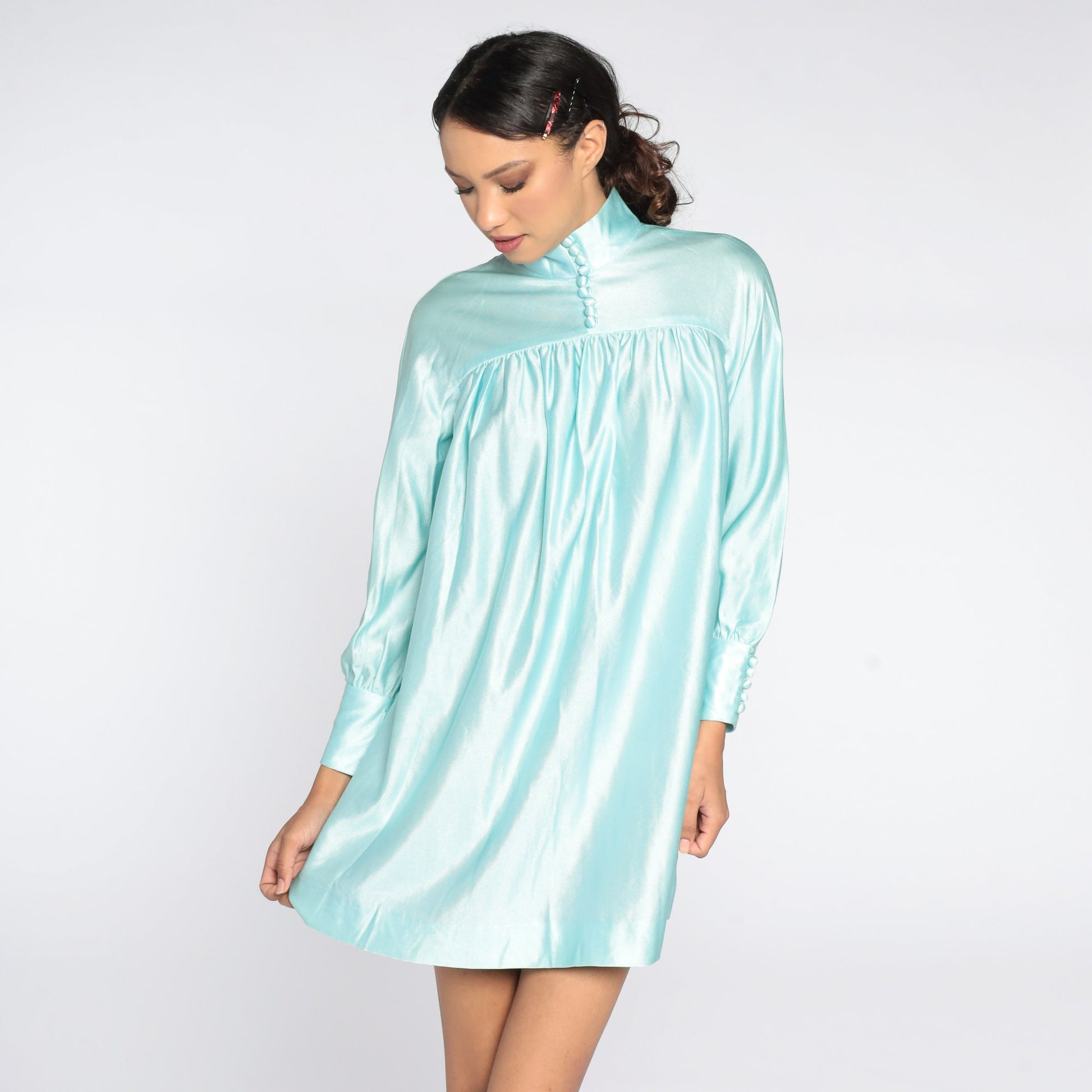 70s Blue Mock Neck Mini Dress Button-Up Tent Trapeze Cut Medium
