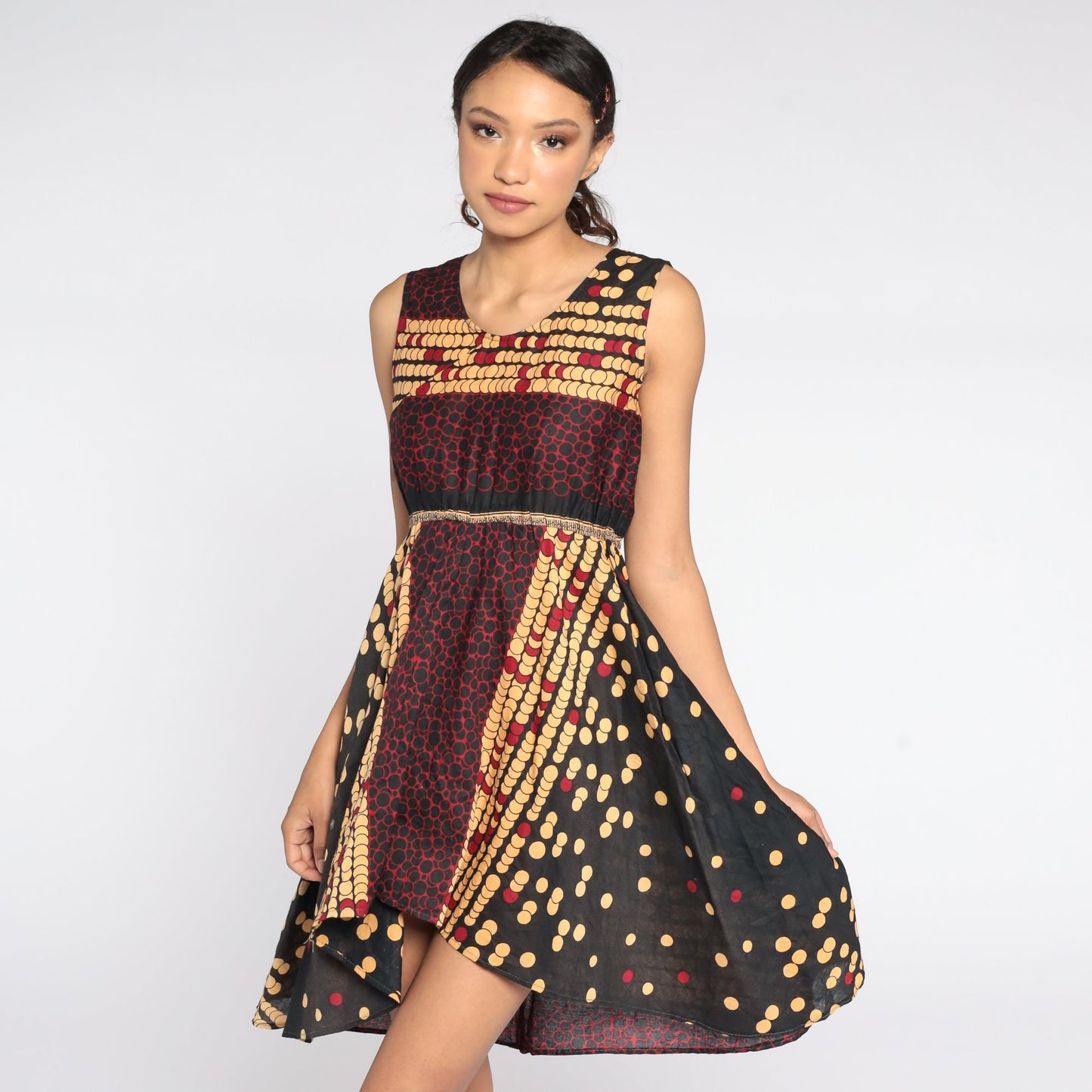 00s Geometric Print Mini Dress Empire Waist Sleeveless Black Tan Red Extra Small
