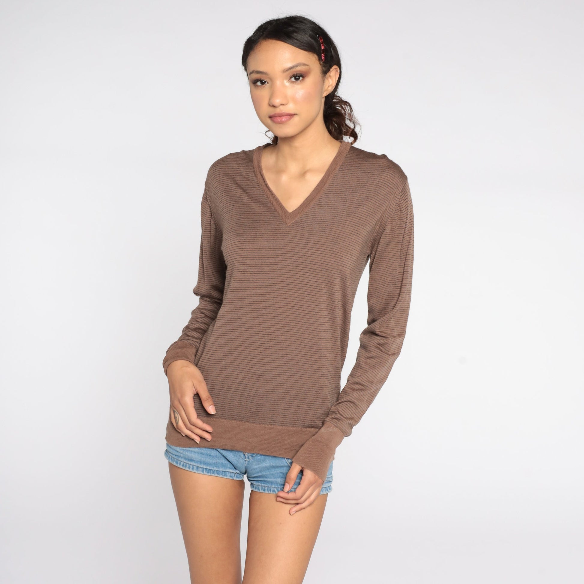 80s Brown Striped Wool V-Neck Sweater Pullover Medium