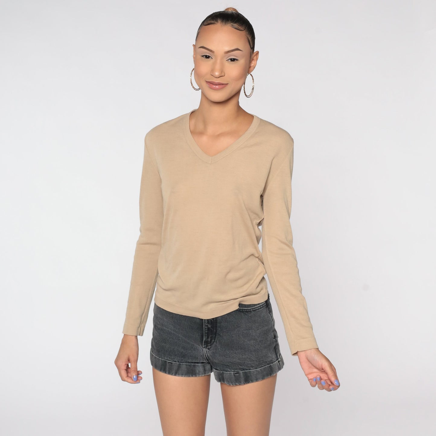 80s Tan Knit V-Neck Long Sleeve Shirt Medium