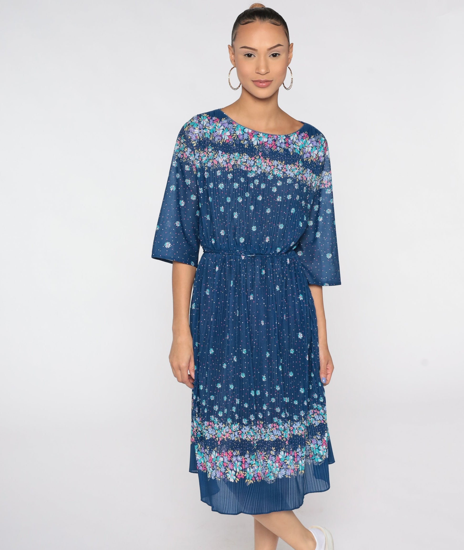 70s Floral Midi Dress Blue High Waist Knife Pleated 3/4 Sleeve Large L