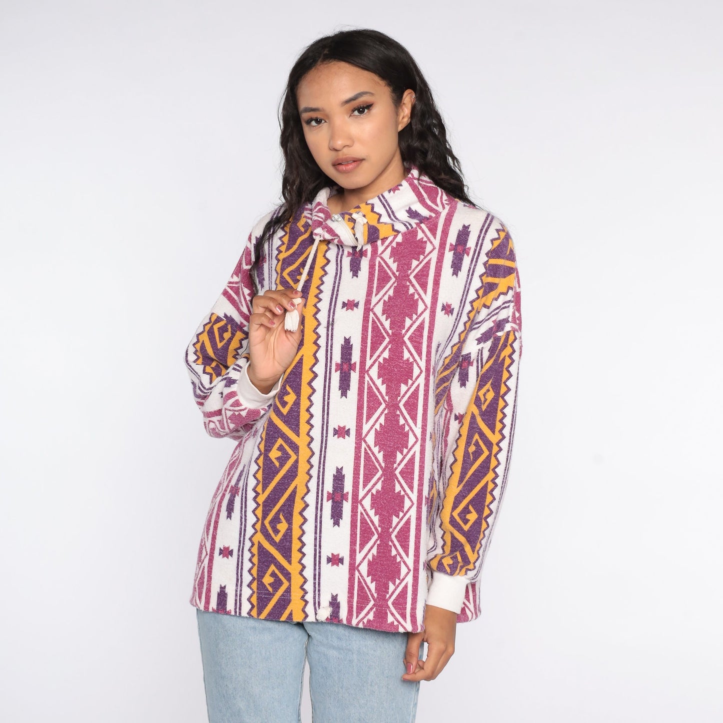 90s Southwestern Mock Neck Drawstring Shirt Aztec Print White Pink Purple Medium