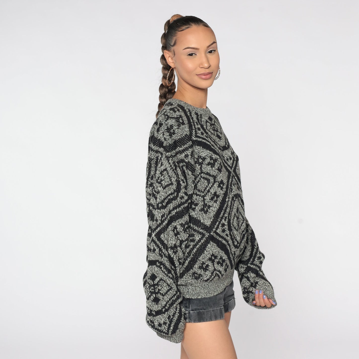 80s Geometric Knit Sweater Grey Jacquard Pullover Men's Medium