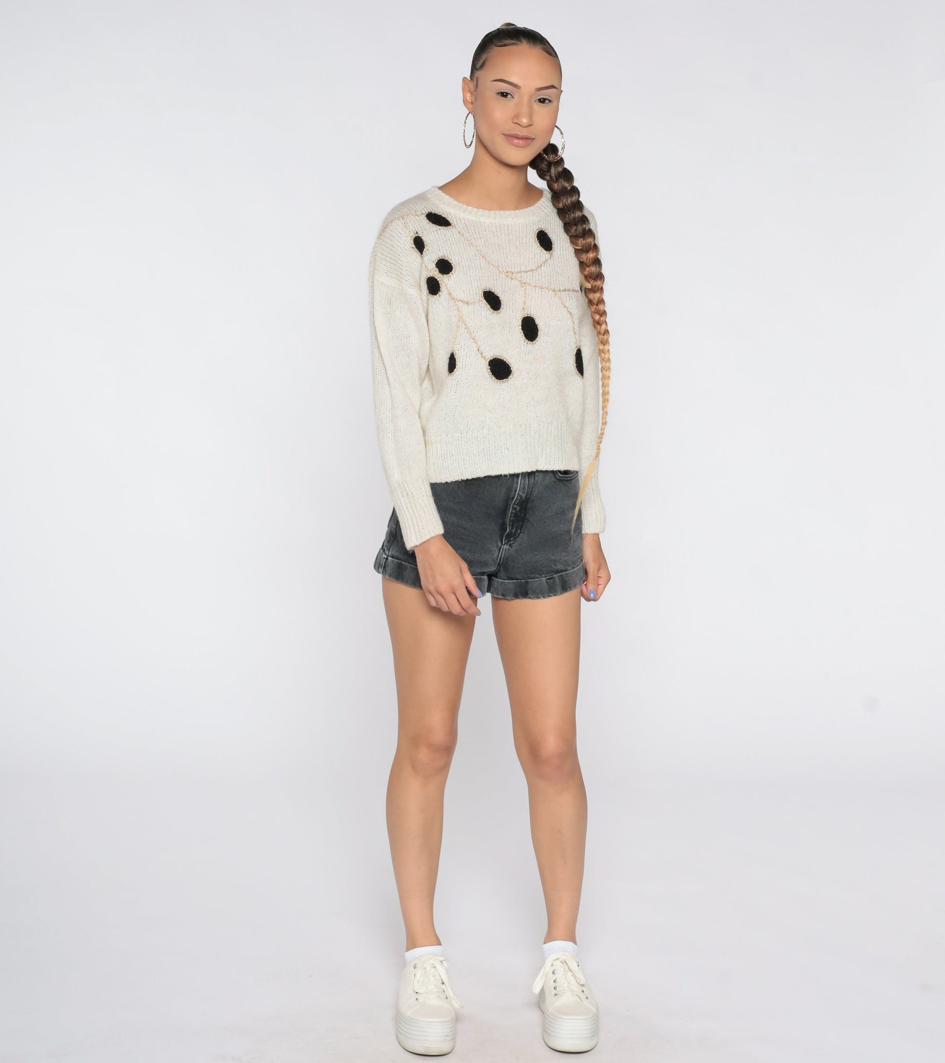 80s White Leaf Knit Sweater Graphic Pullover Crewneck Medium