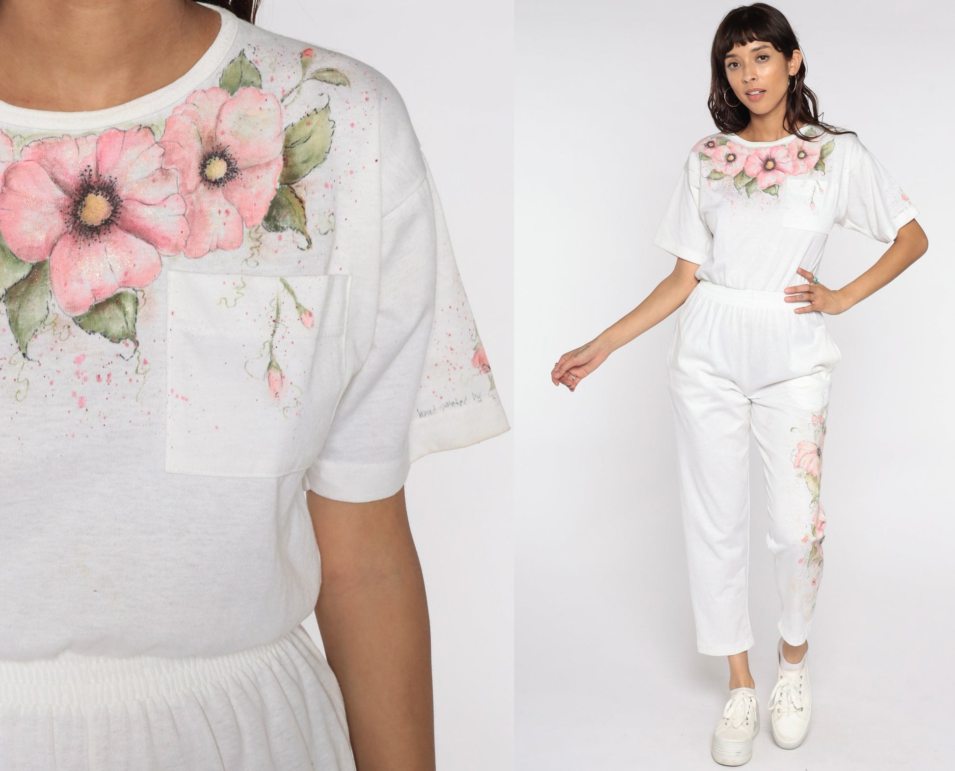 80s Hand Painted Floral Jumpsuit White High Waisted Button Back Short Sleeve Extra Small XS