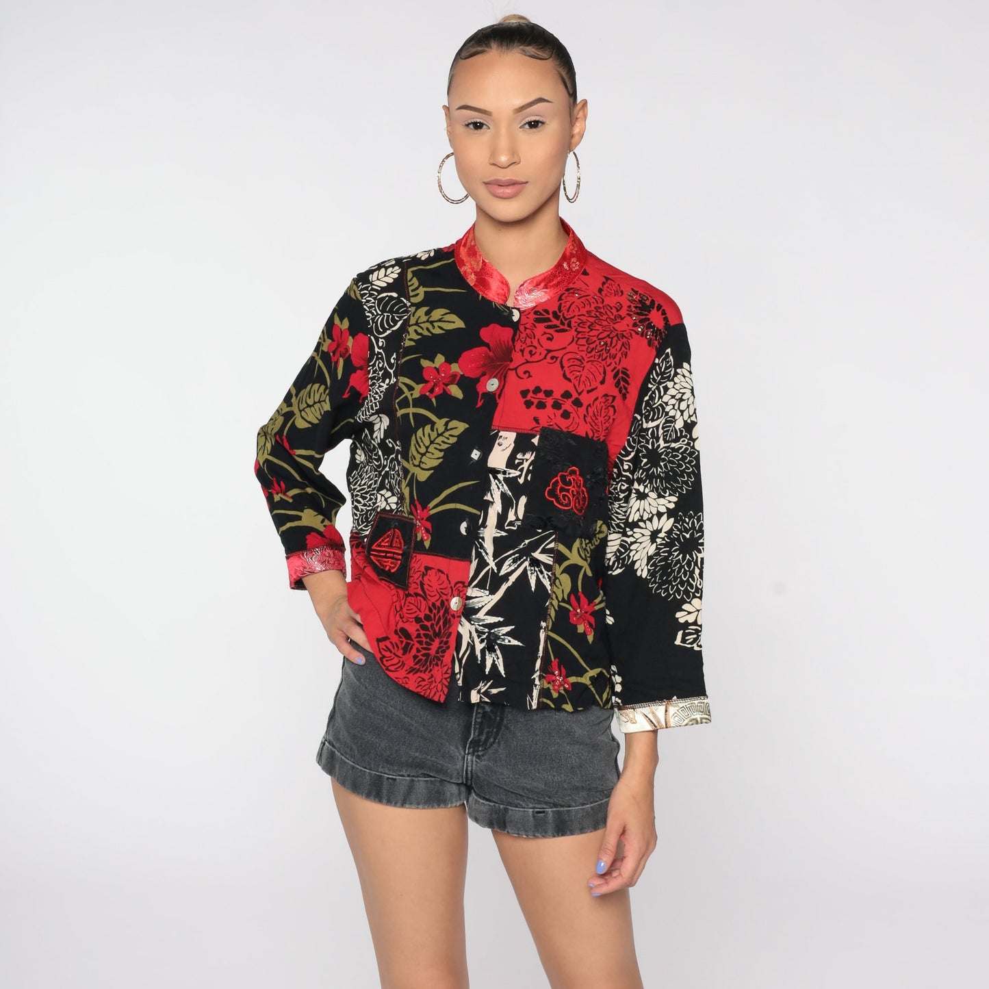 90s Floral Beaded Button Up Shirt Red Asian-Inspired Blouse Large L
