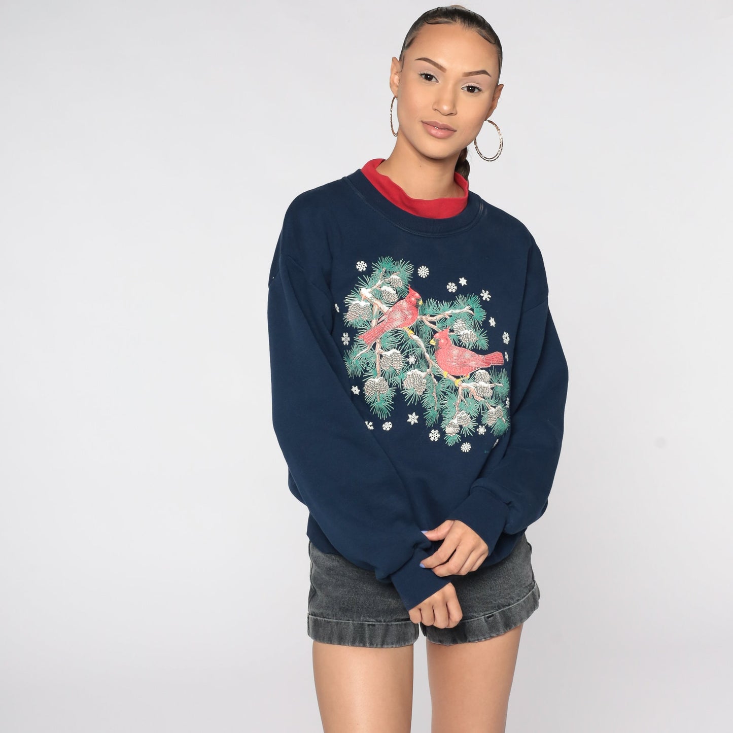 80s Cardinal Bird Graphic Sweatshirt Dark Blue Winter Pullover Large L