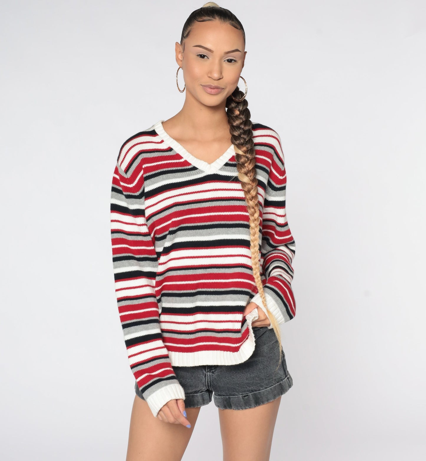 90s Red White Striped Cotton Knit V-Neck Pullover Sweater Men's Large L
