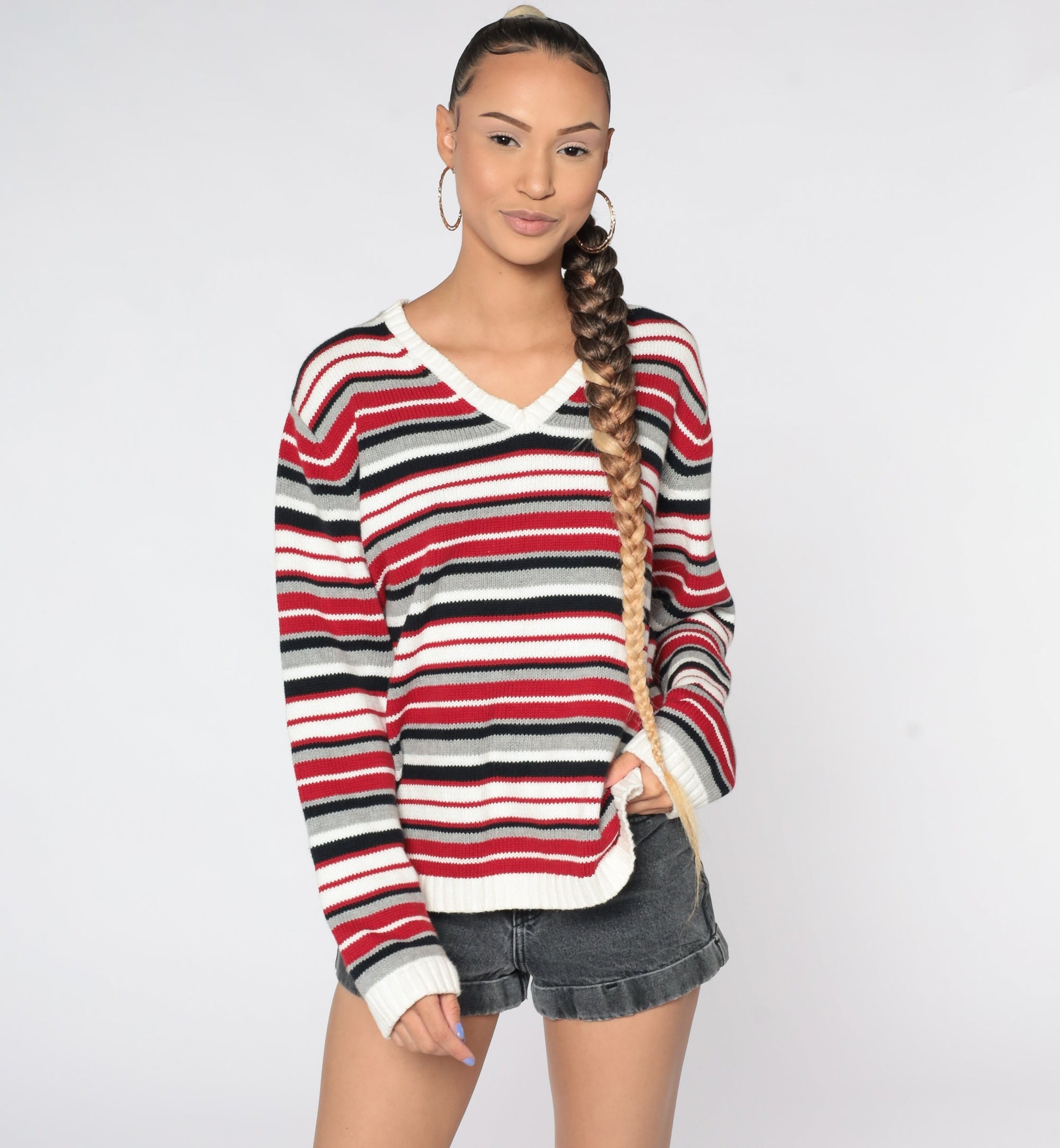 90s Red White Striped Cotton Knit V-Neck Pullover Sweater Men's Large L