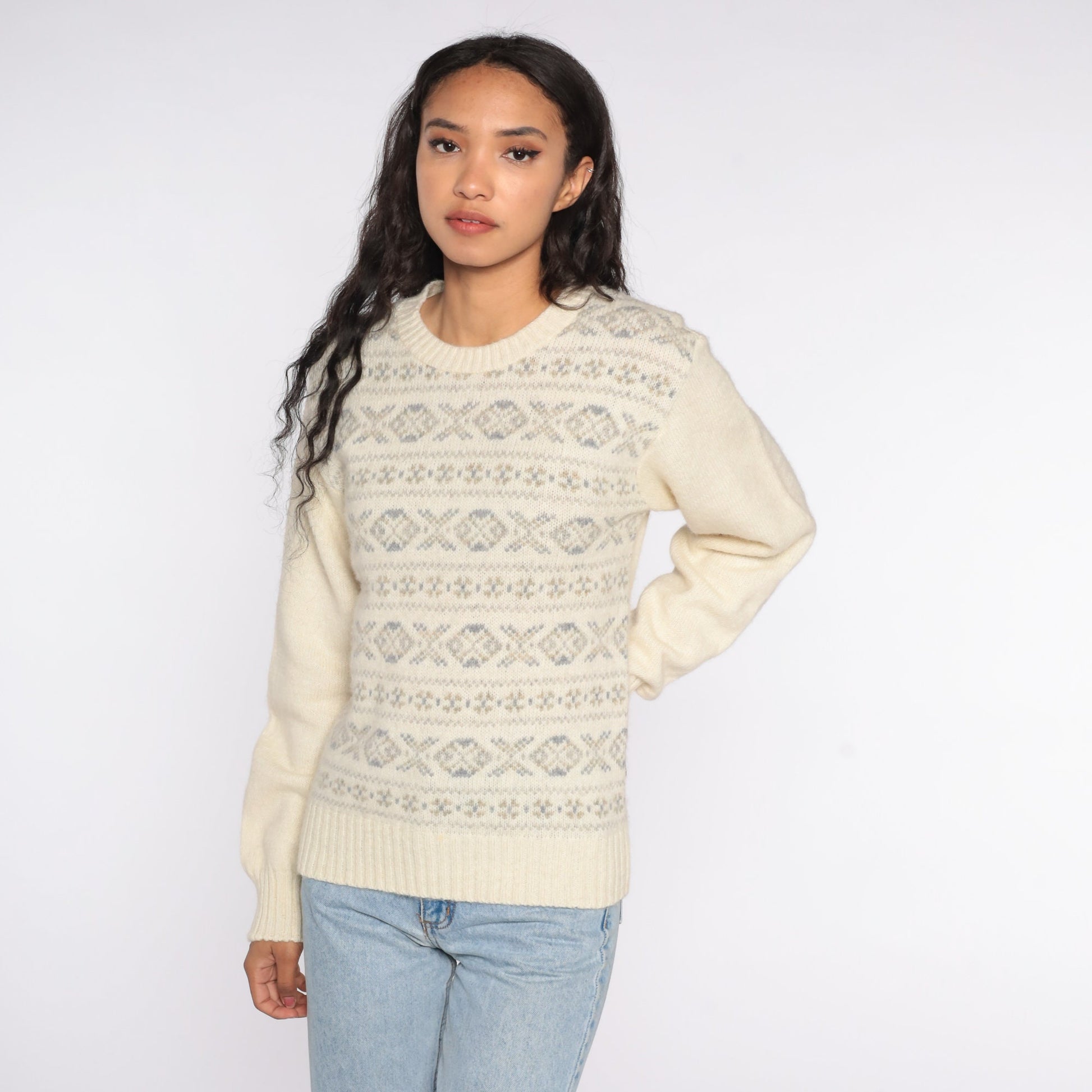 80s Cream Geometric Wool Blend Sweater Knit Pullover Medium