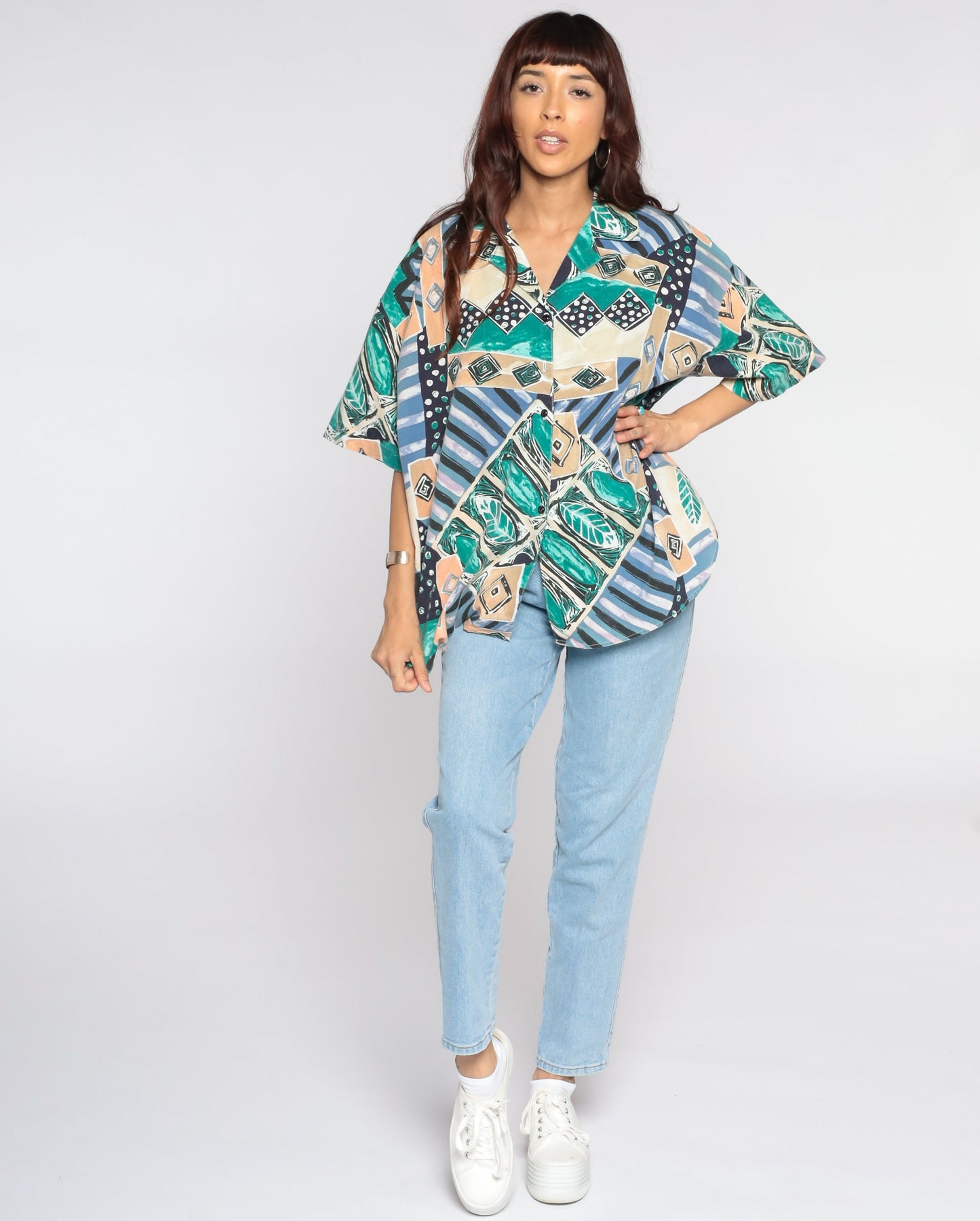 80s Geometric Tropical Button Up Blouse Plus Size Green Blue Short Sleeve Extra Extra Large XXL