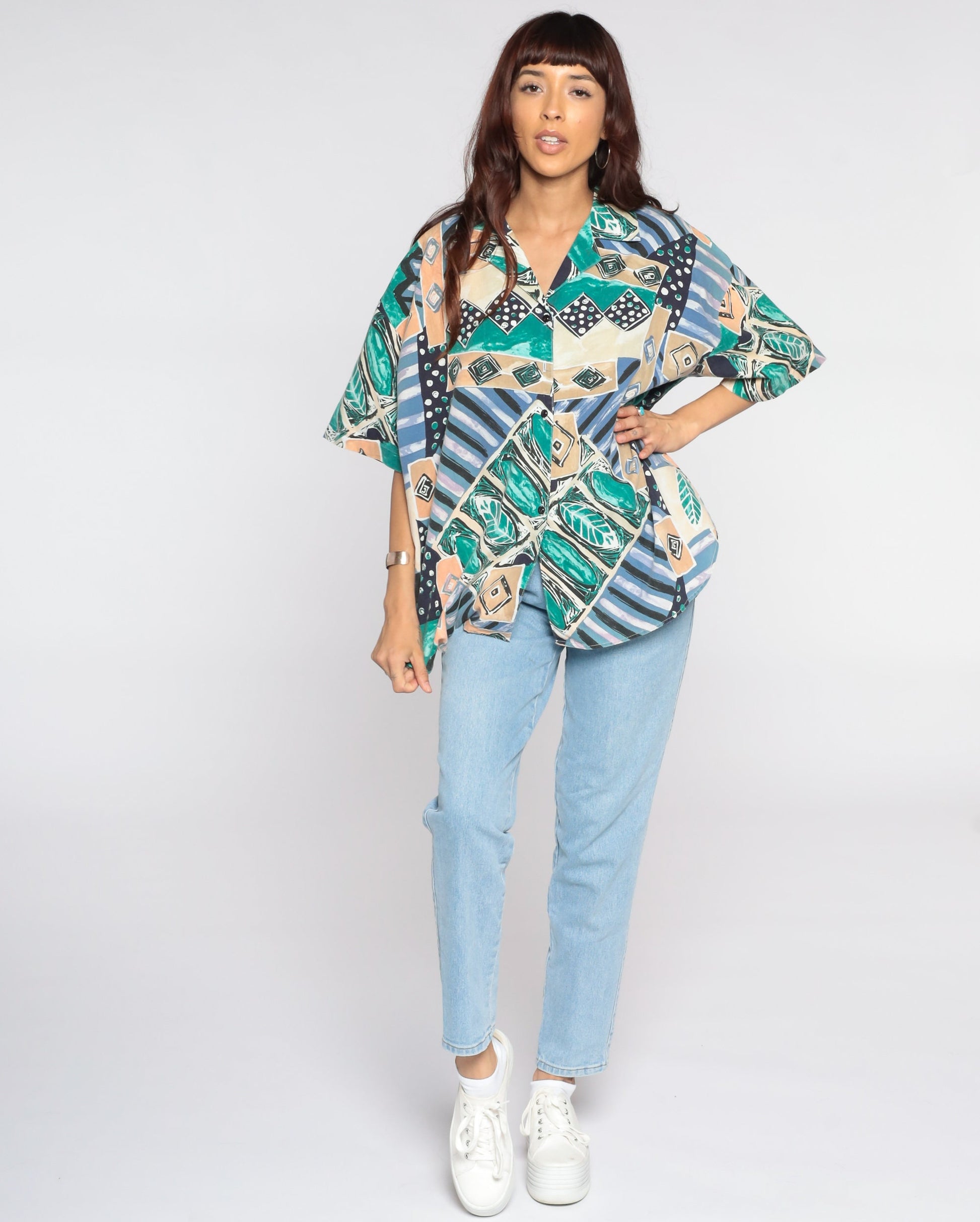80s Geometric Tropical Button Up Blouse Plus Size Green Blue Short Sleeve Extra Extra Large XXL