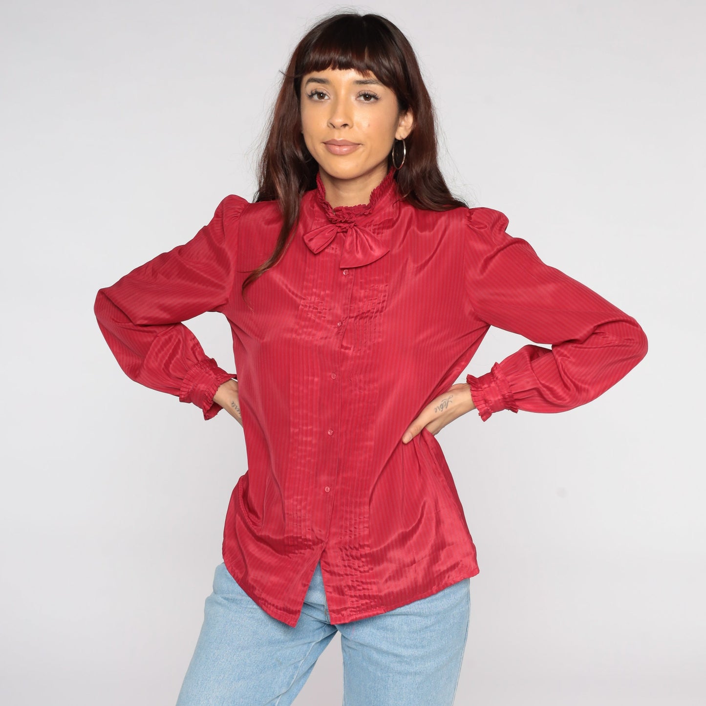 80s Red Pinstriped Necktie Blouse Puff Sleeve Button Up Medium