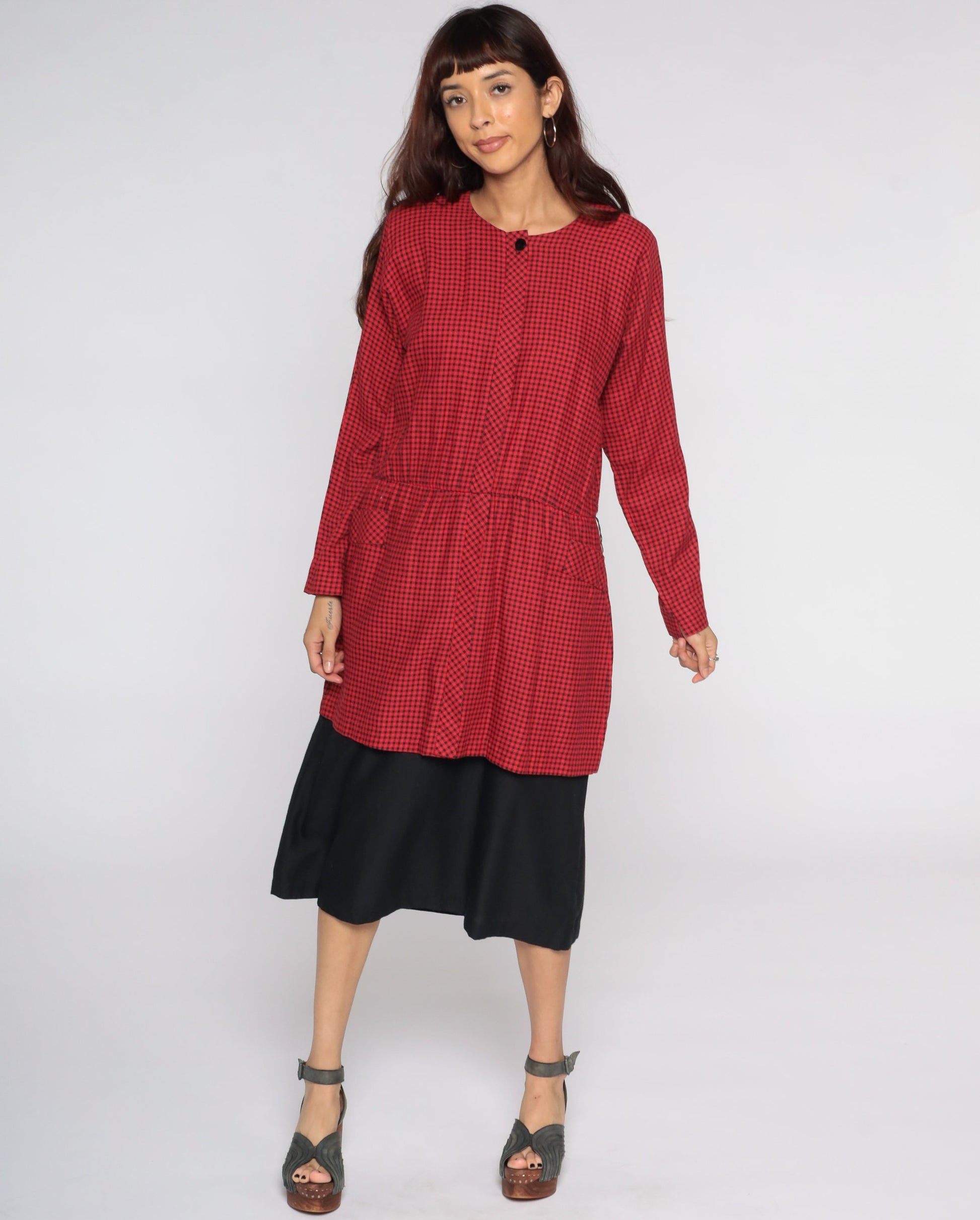 80s Red Gingham Midi Dress Long Sleeve Checkered Plaid Large