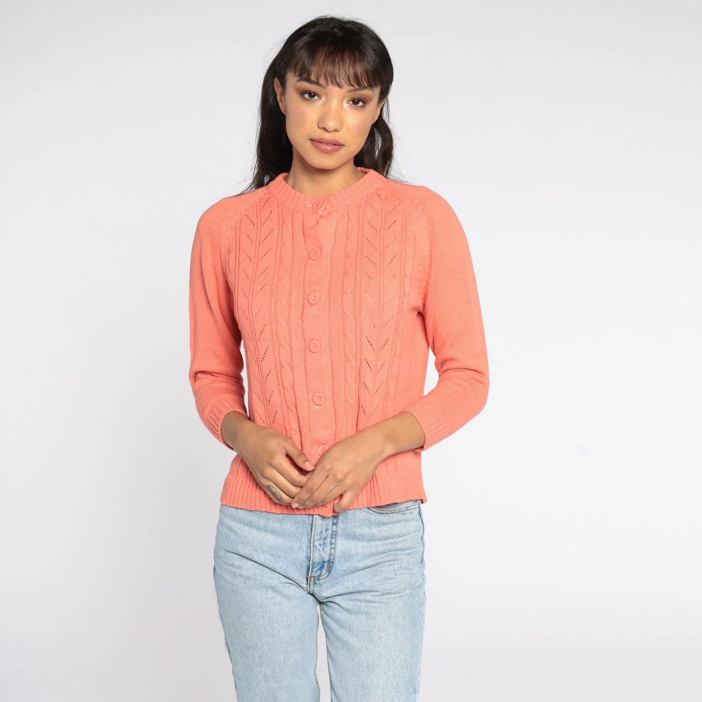 70s Salmon Pink Cable Knit Cardigan Button Up Sweater Small