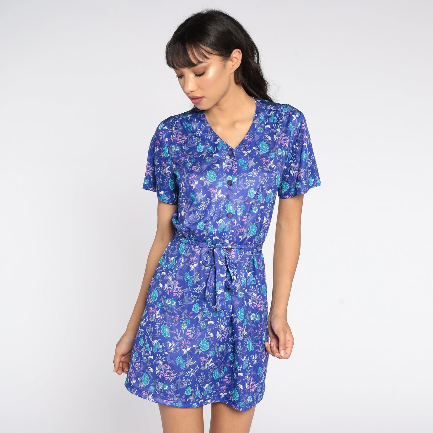70s Purple Floral Mini Shift Dress Button-Up Short Sleeve Medium