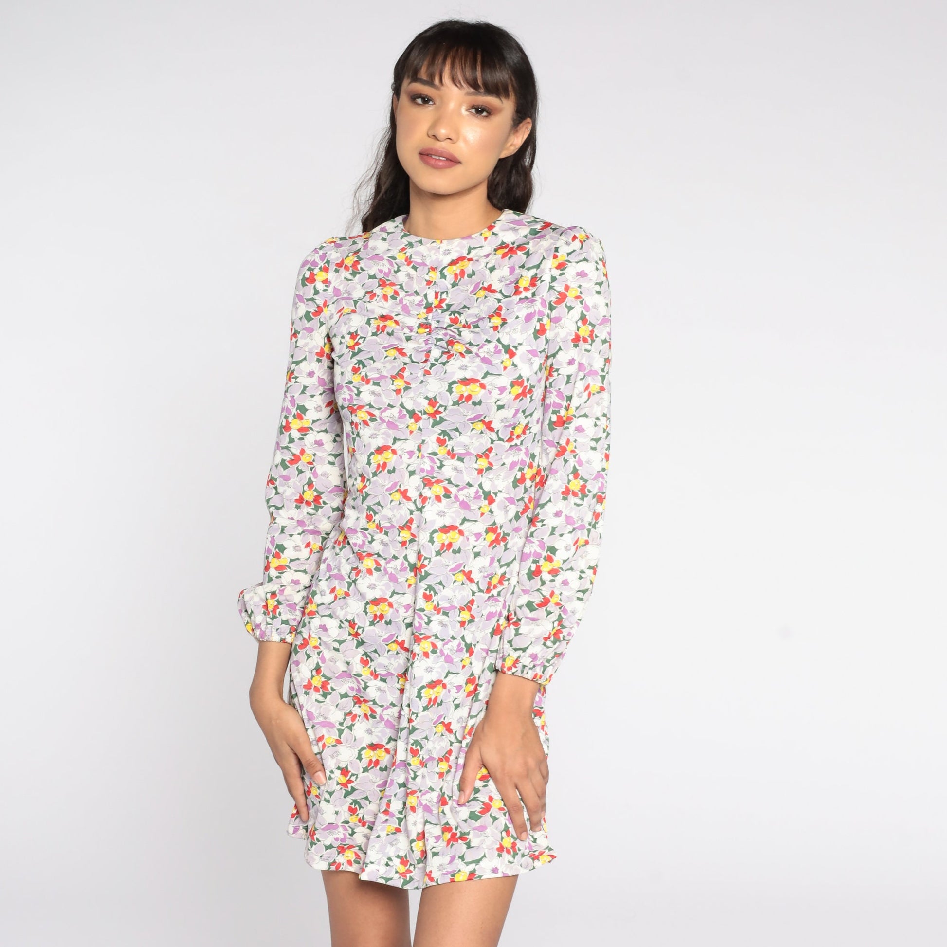 70s Floral Puff Sleeve Mini Shift Dress Multicolor Extra Small