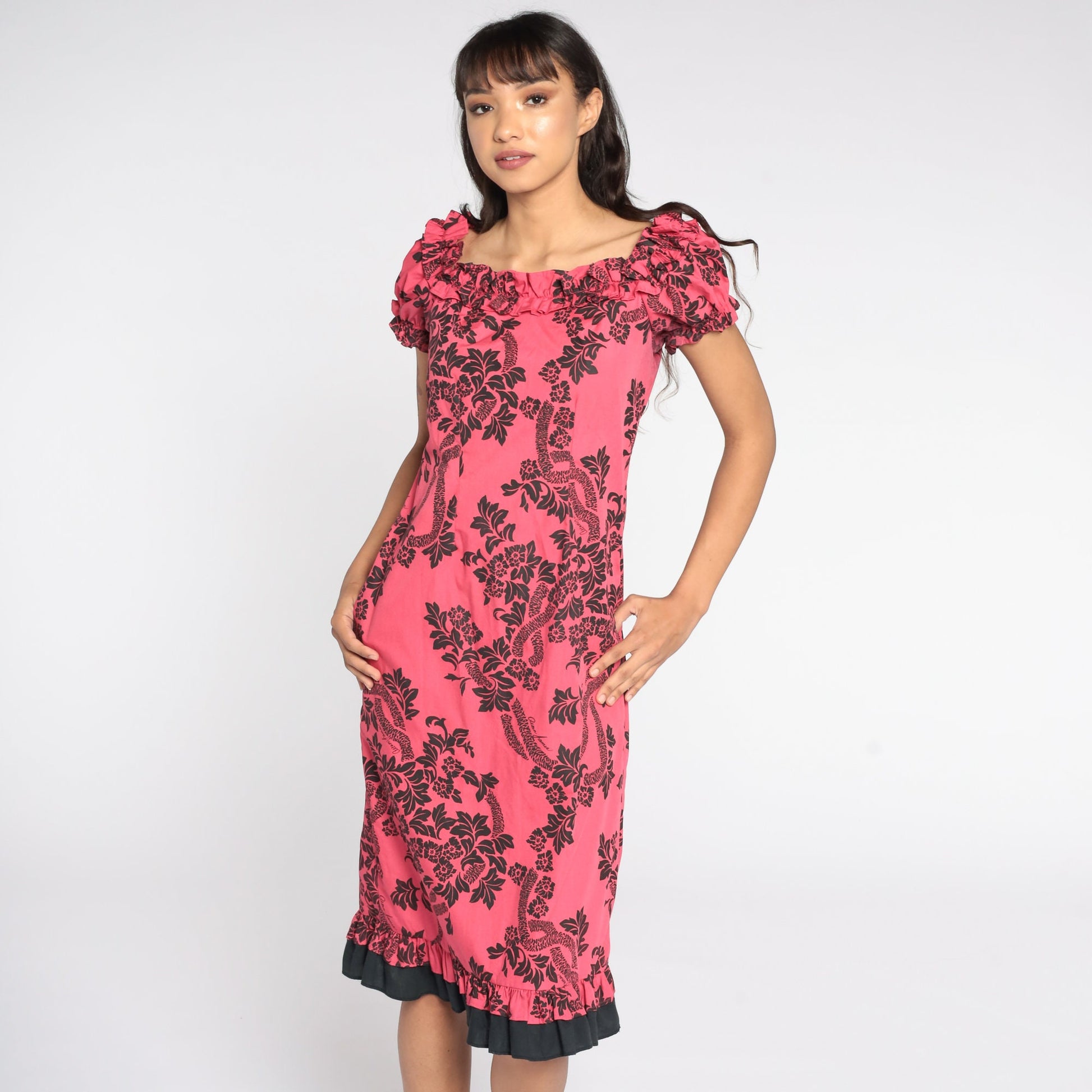 80s Pink Hawaiian Floral Midi Dress Puff Sleeve Shift Small S