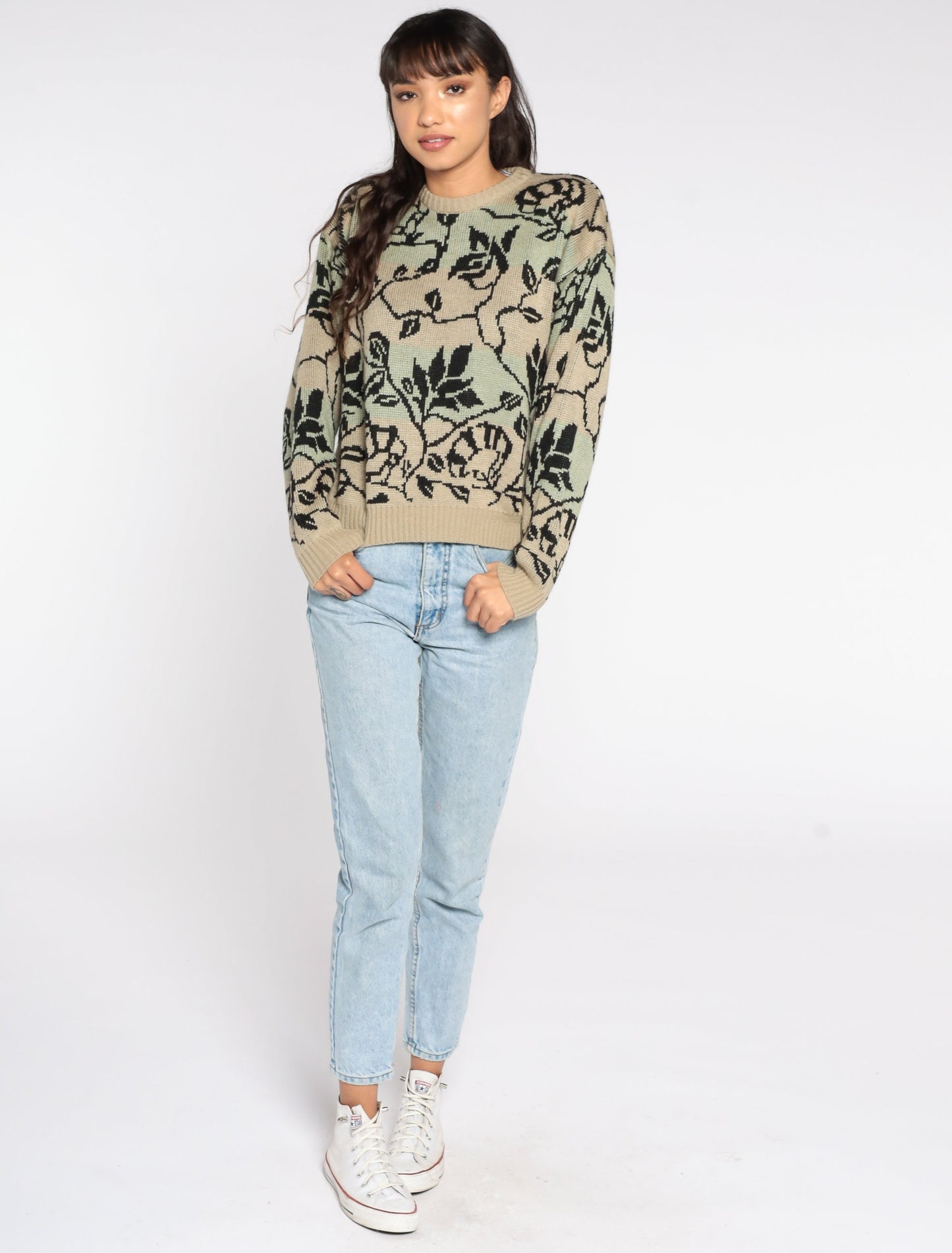 80s Floral Vine Crewneck Sweater Brown Green Pullover Medium