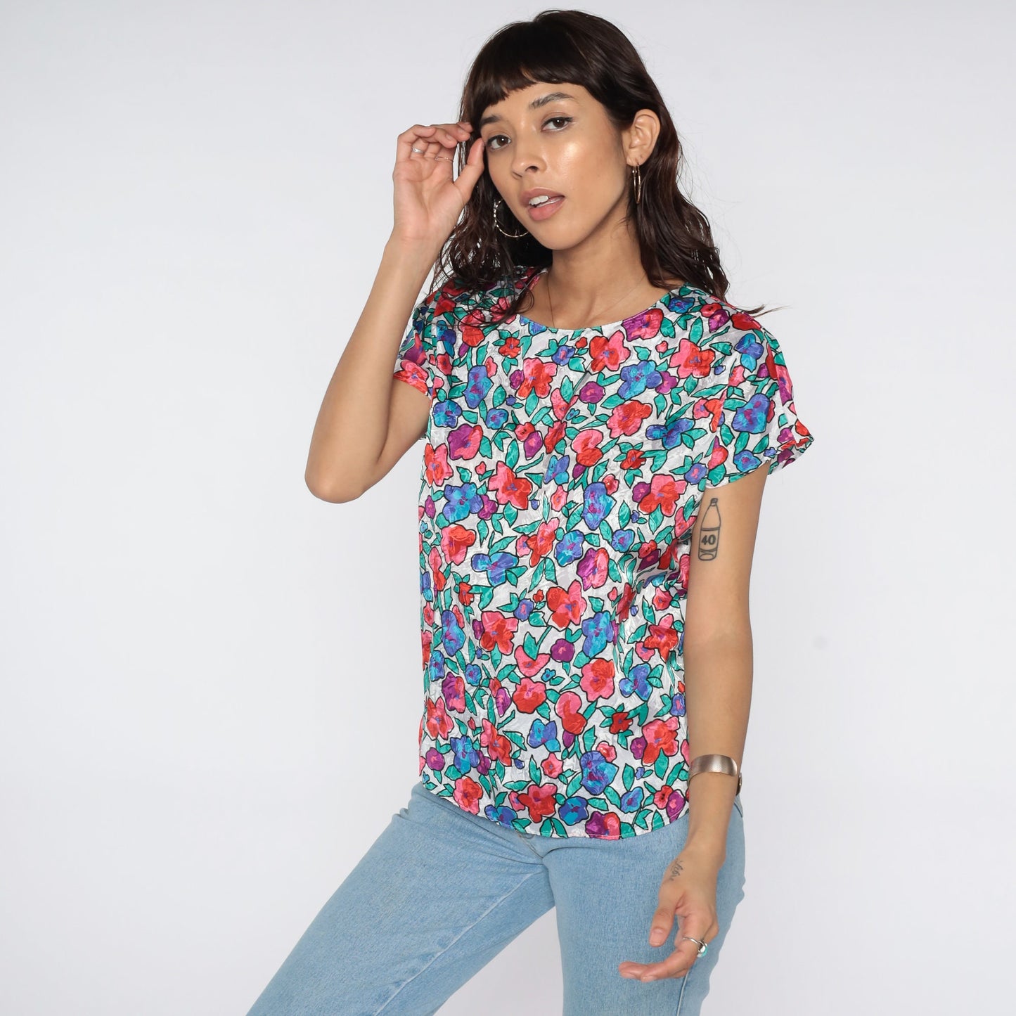 80s Floral Cap Sleeve Blouse White Green Pink Flower Print Small