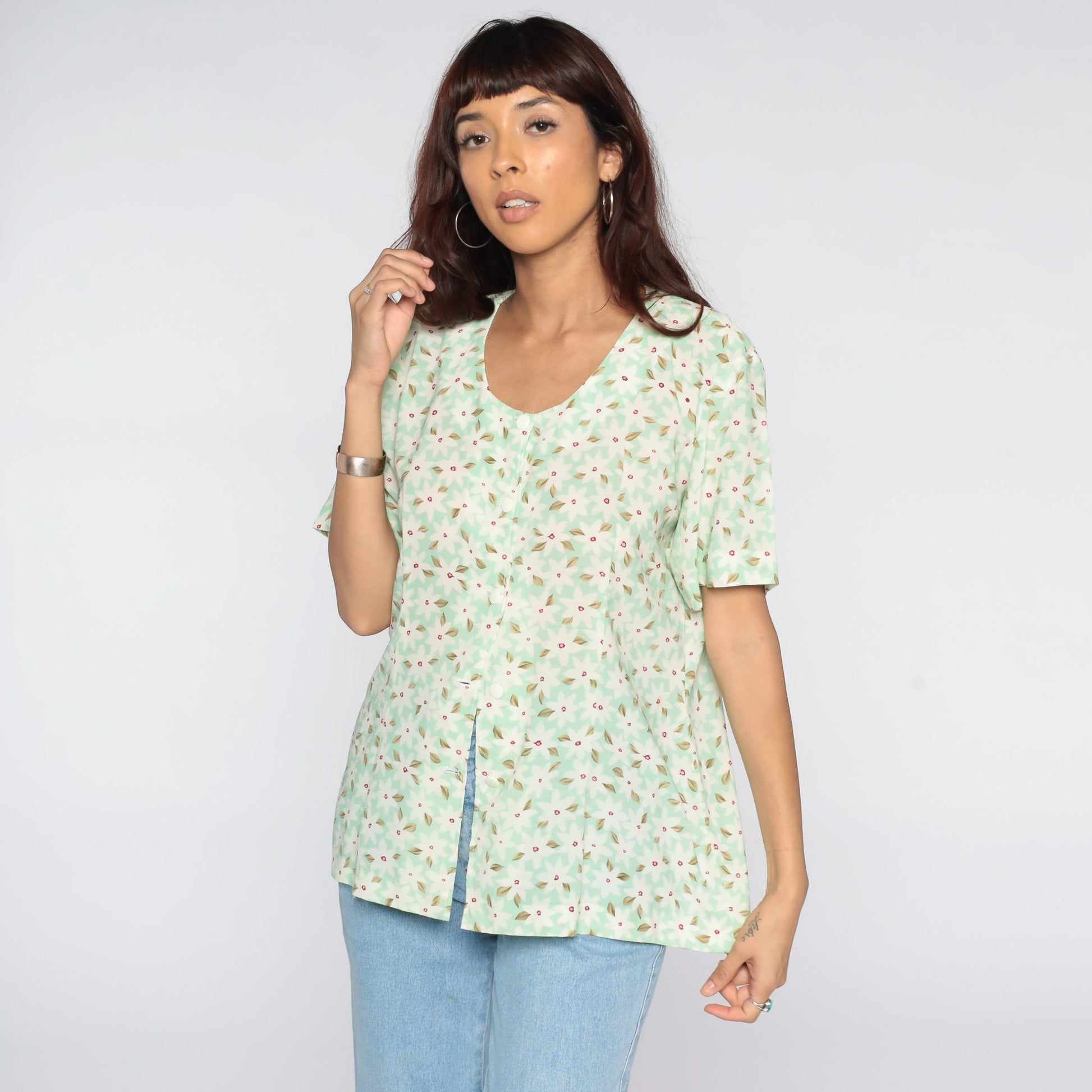 90s Green Floral Button-Up Shirt Short Sleeve Blouse Medium Large