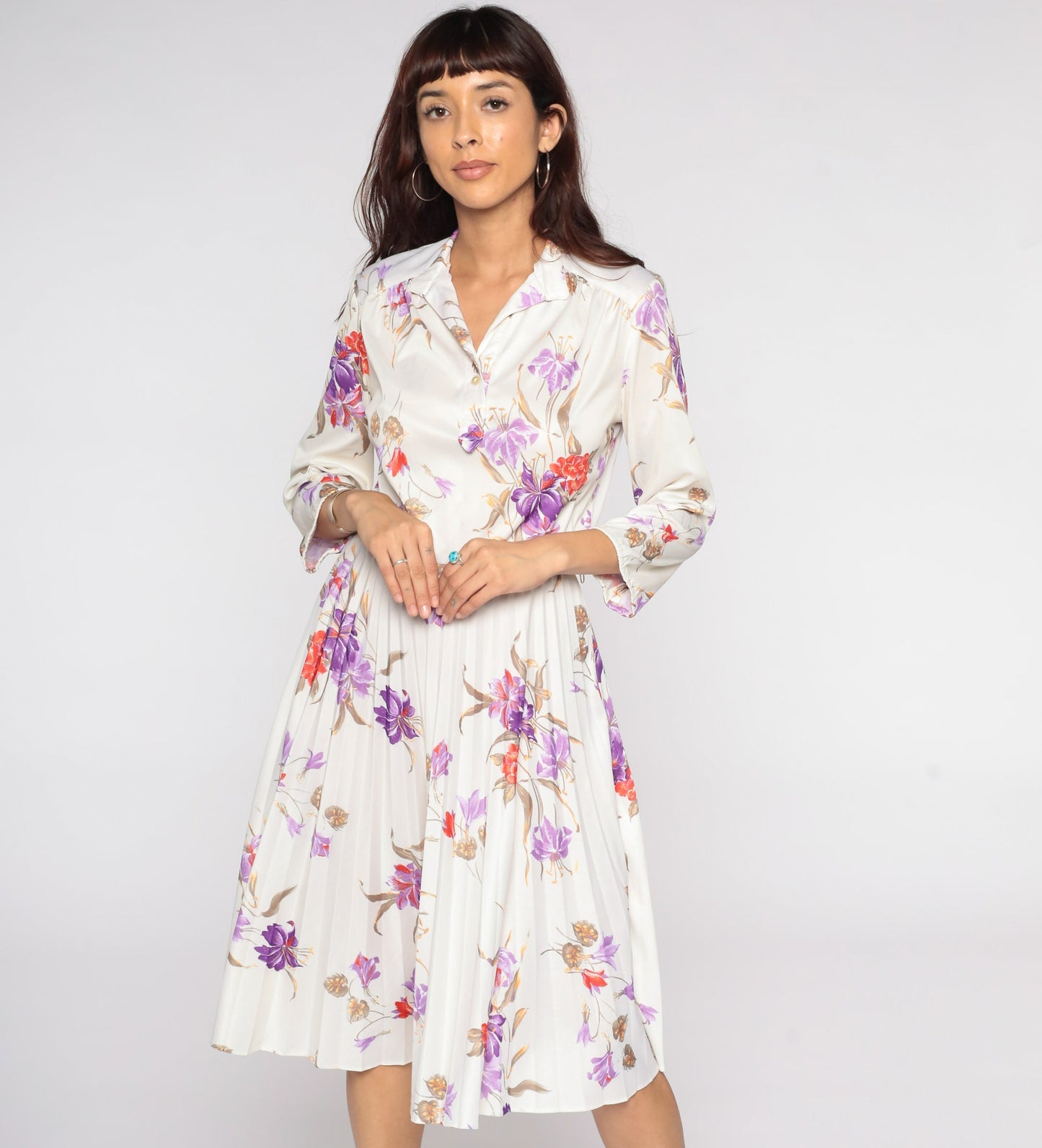 70s Cream Floral Midi Dress High Waist Pleated Button Up Long Sleeve Small Medium