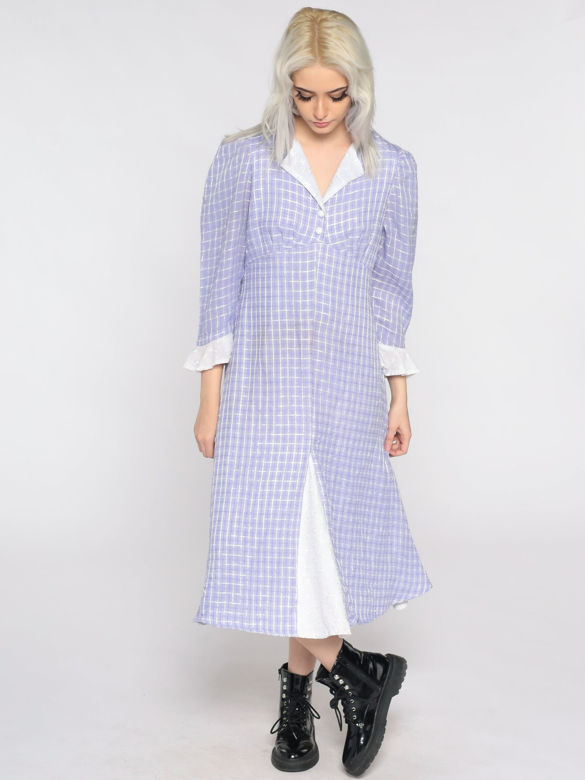 70s Purple Checkered Dress Puff Sleeve Empire Waist Midi Small