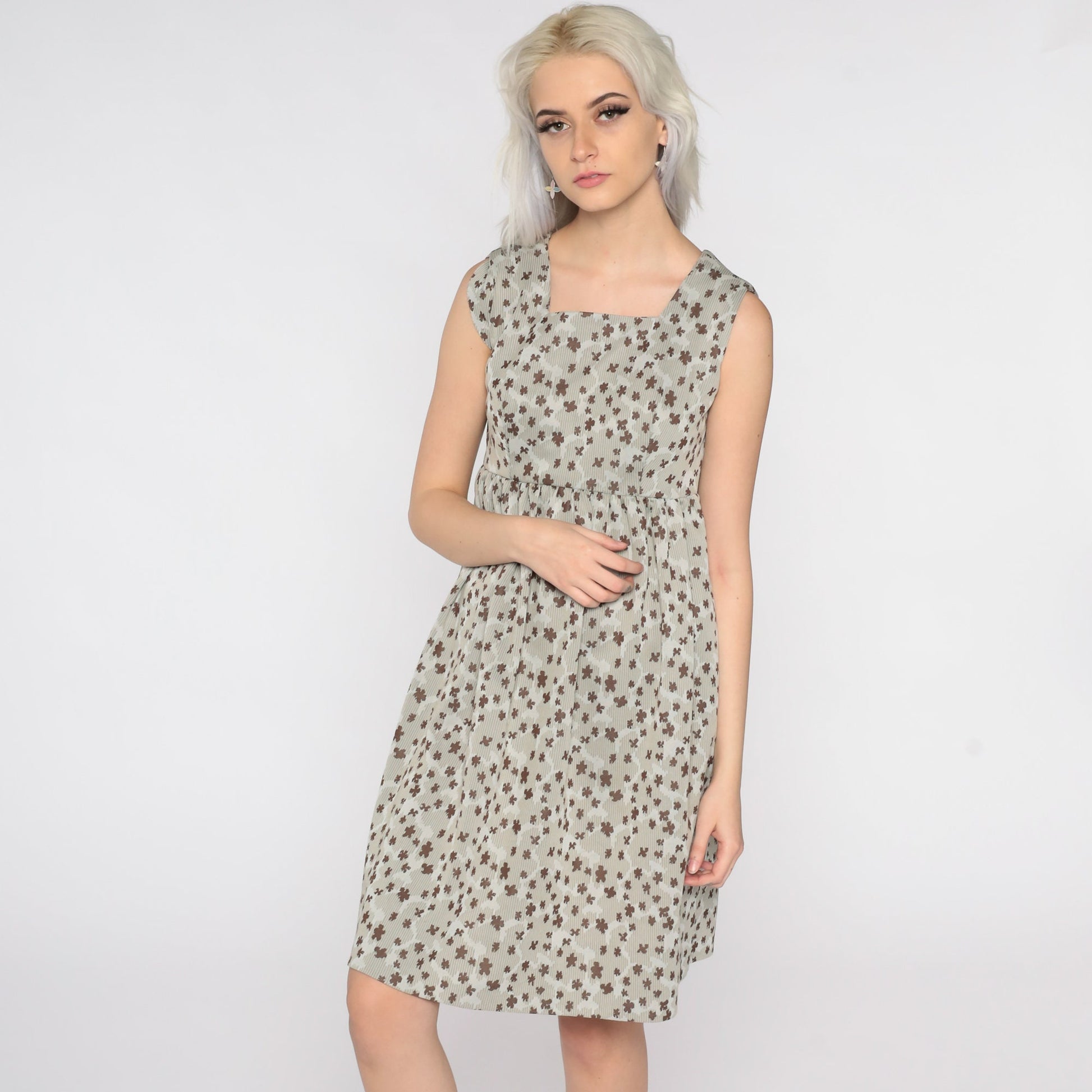 70s Taupe Floral Mini Dress Empire Waist Sleeveless Small