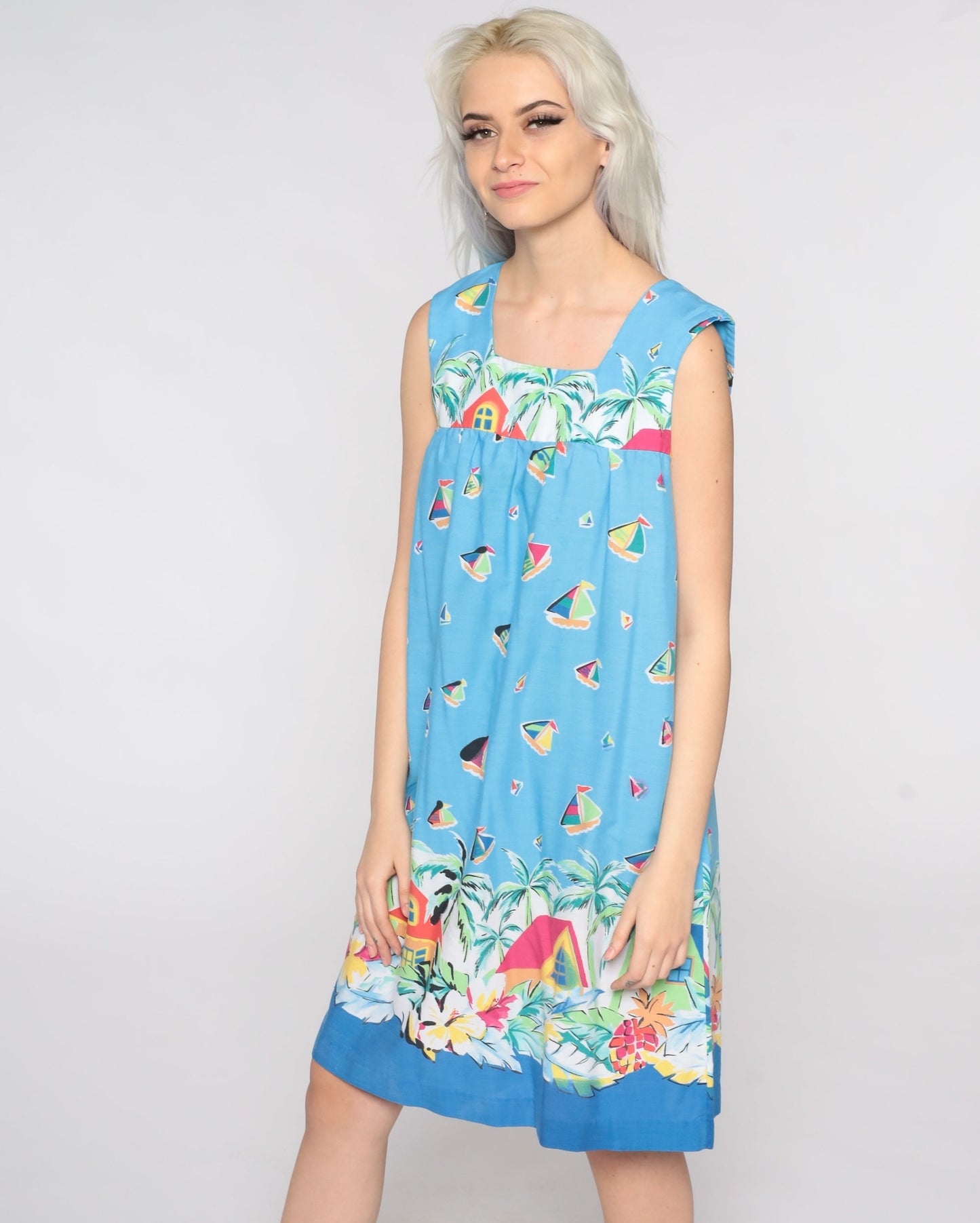 80s Sailboat Tropical Print Trapeze Dress Sleeveless Mini Cotton Small