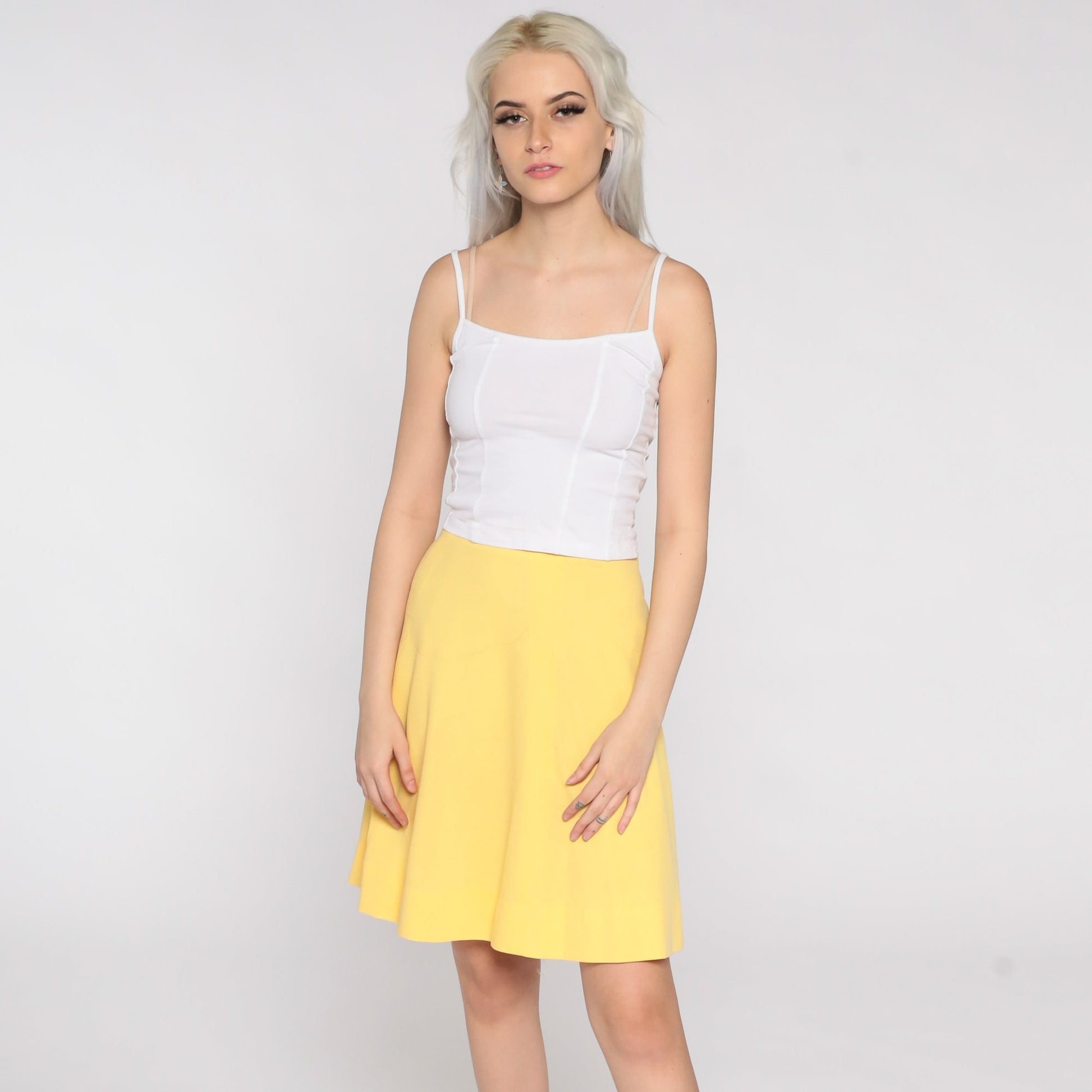 70s Yellow A-Line Mini Skirt High Waisted Rear Zip Extra Small