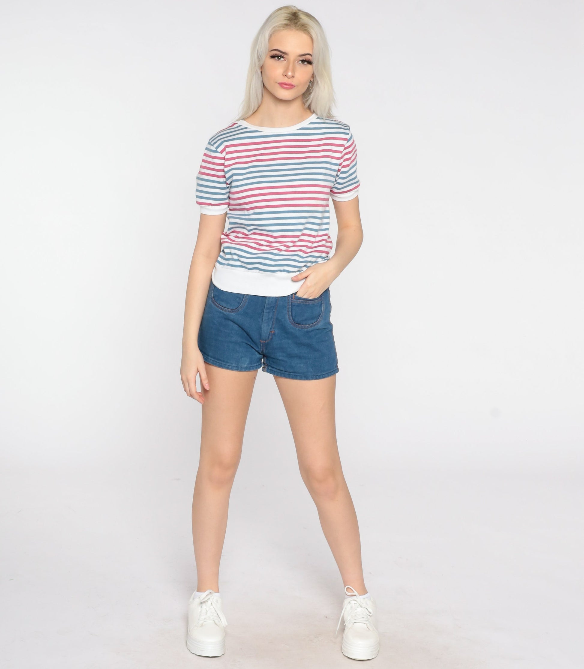 80s Striped Ringer Tee Pink Blue White Cotton Shirt Small S