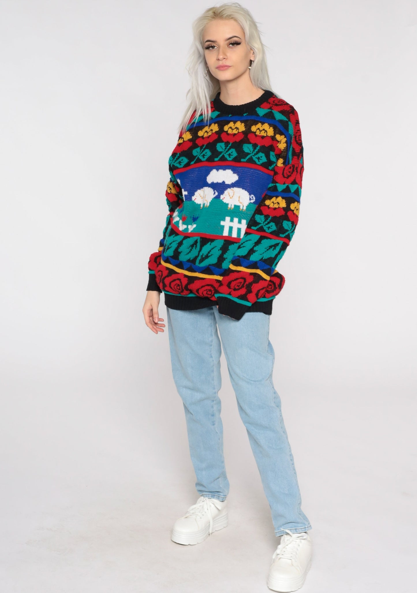 80s Pig Print Sweater Novelty Farm Animal Knit Pullover Rose Large L