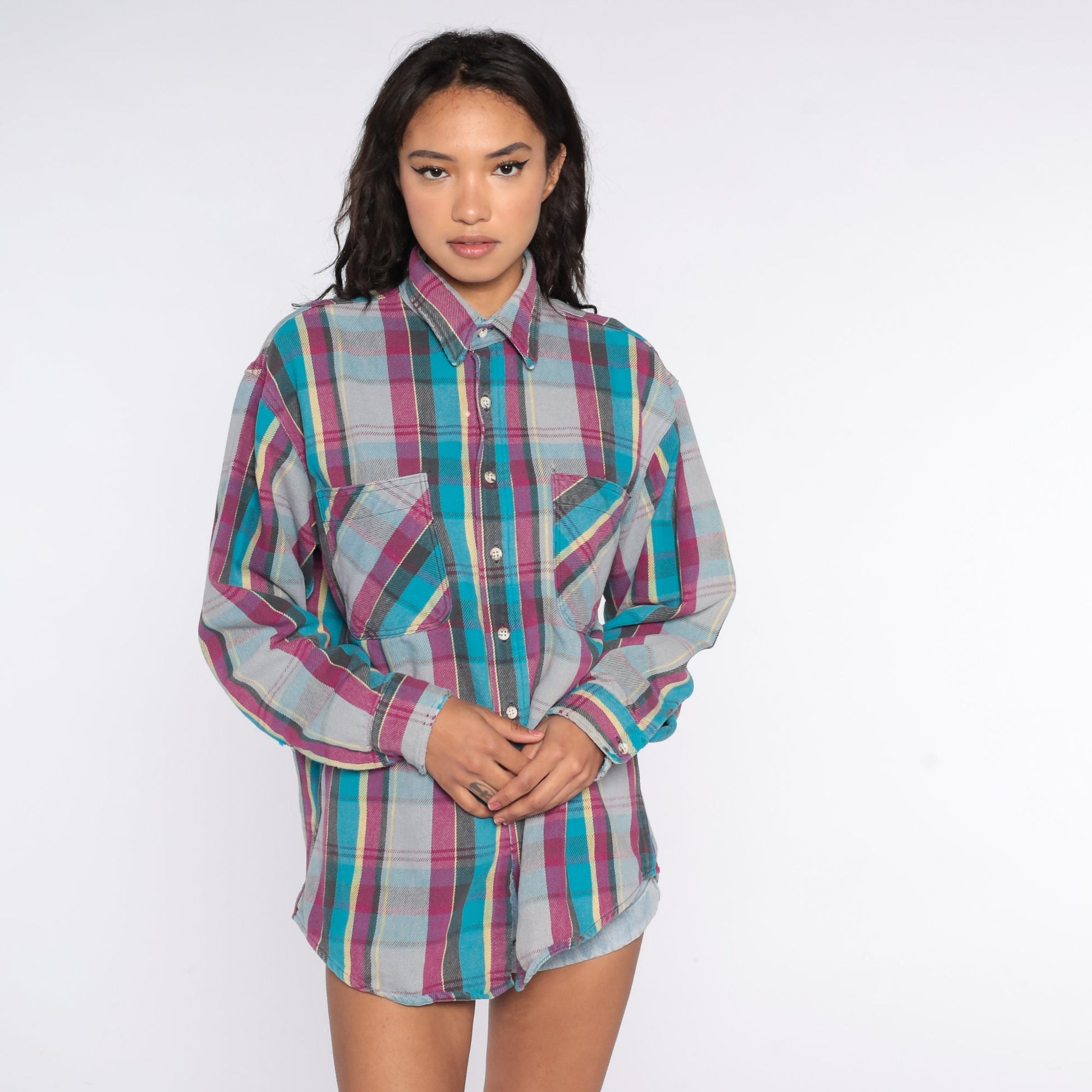 90s Blue Plaid Flannel Shirt Cotton Button-Up Long Sleeve Extra Large