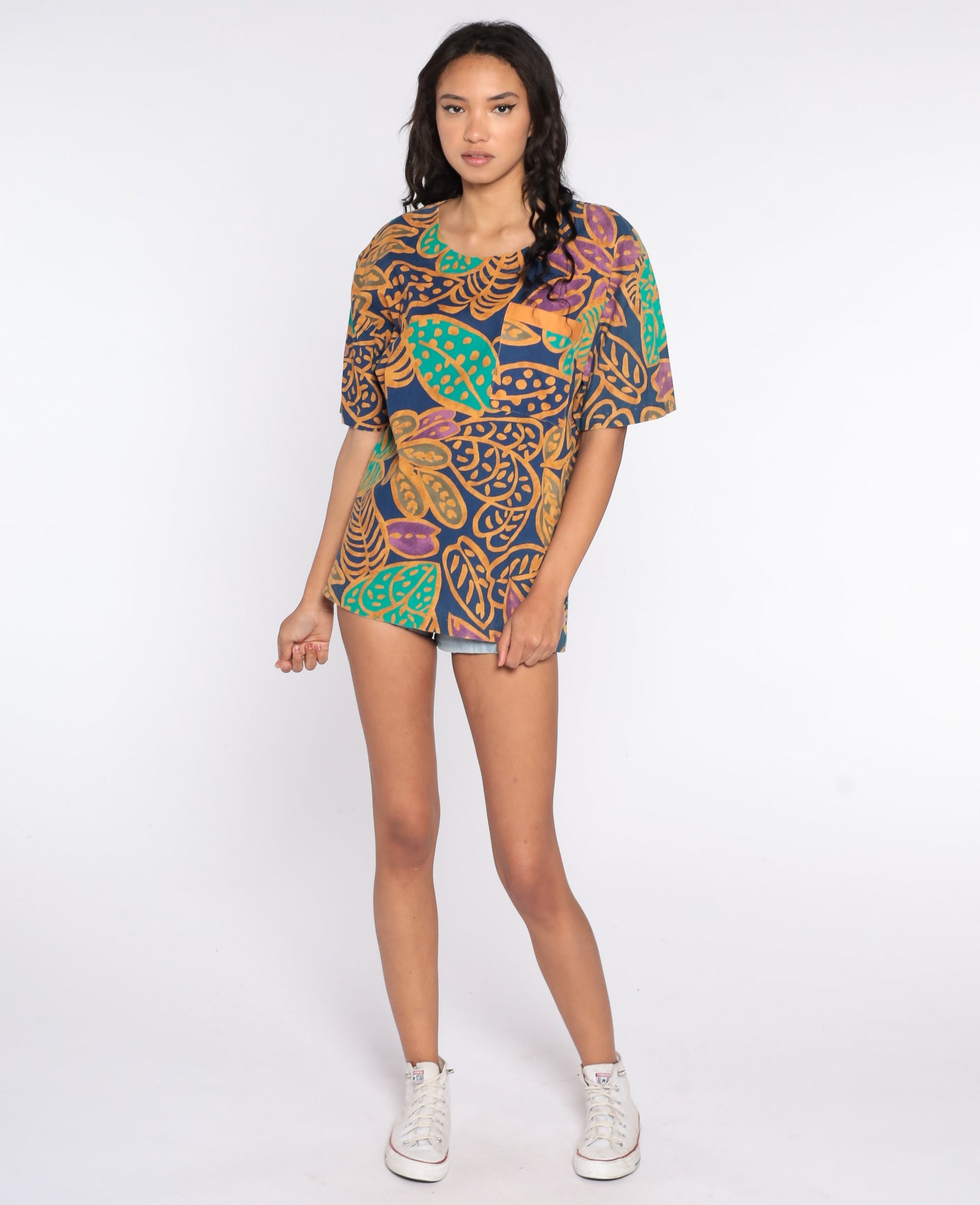 90s Tropical Leaf Graphic T-Shirt Jungle Print Vintage Surfer Tee Large L