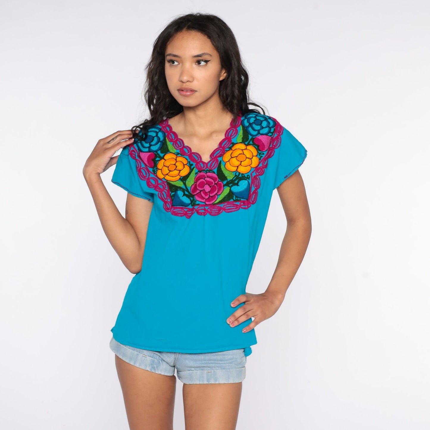 90s Mexican Embroidered Floral Blouse Tunic White Cotton Large