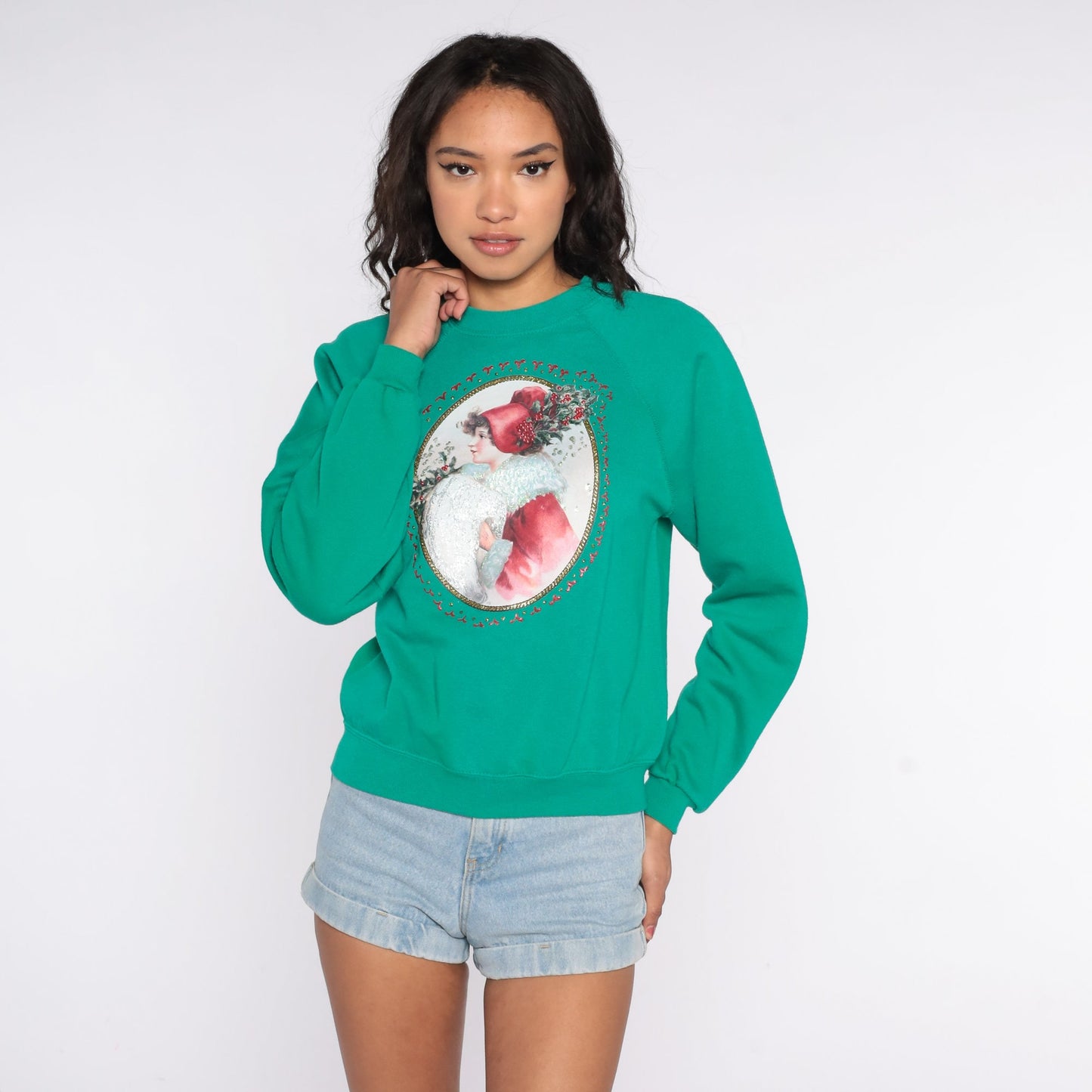 80s Christmas Sweater Woman Raglan Glitter Green Knit Extra Small XS