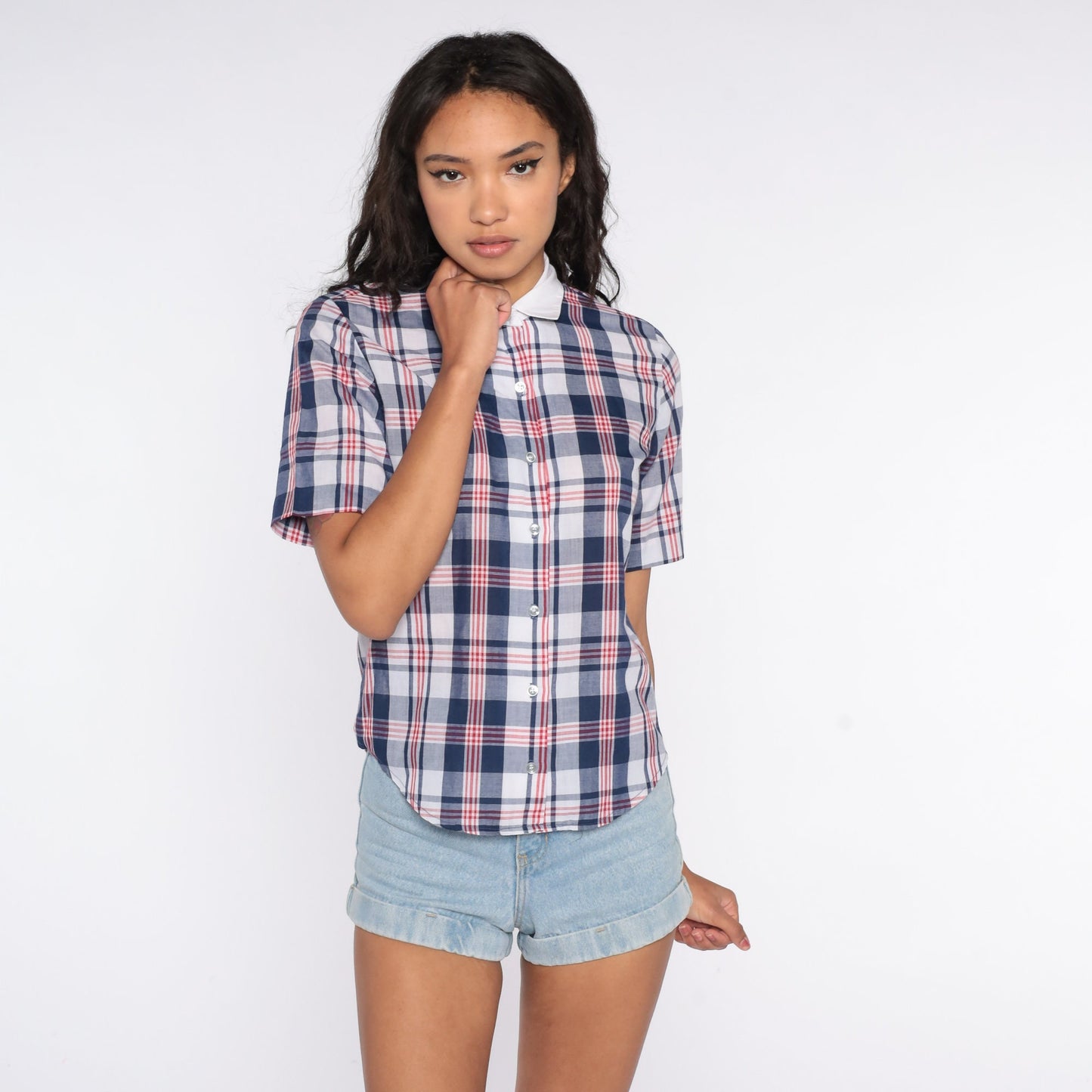 80s Blue Plaid Button-Up Shirt Short Sleeve Checkered Cotton Blouse Small S