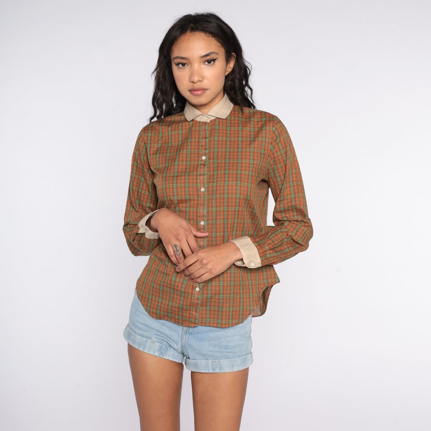 80s Brown Plaid Button-Up Blouse Long Sleeve Chest Pocket Medium