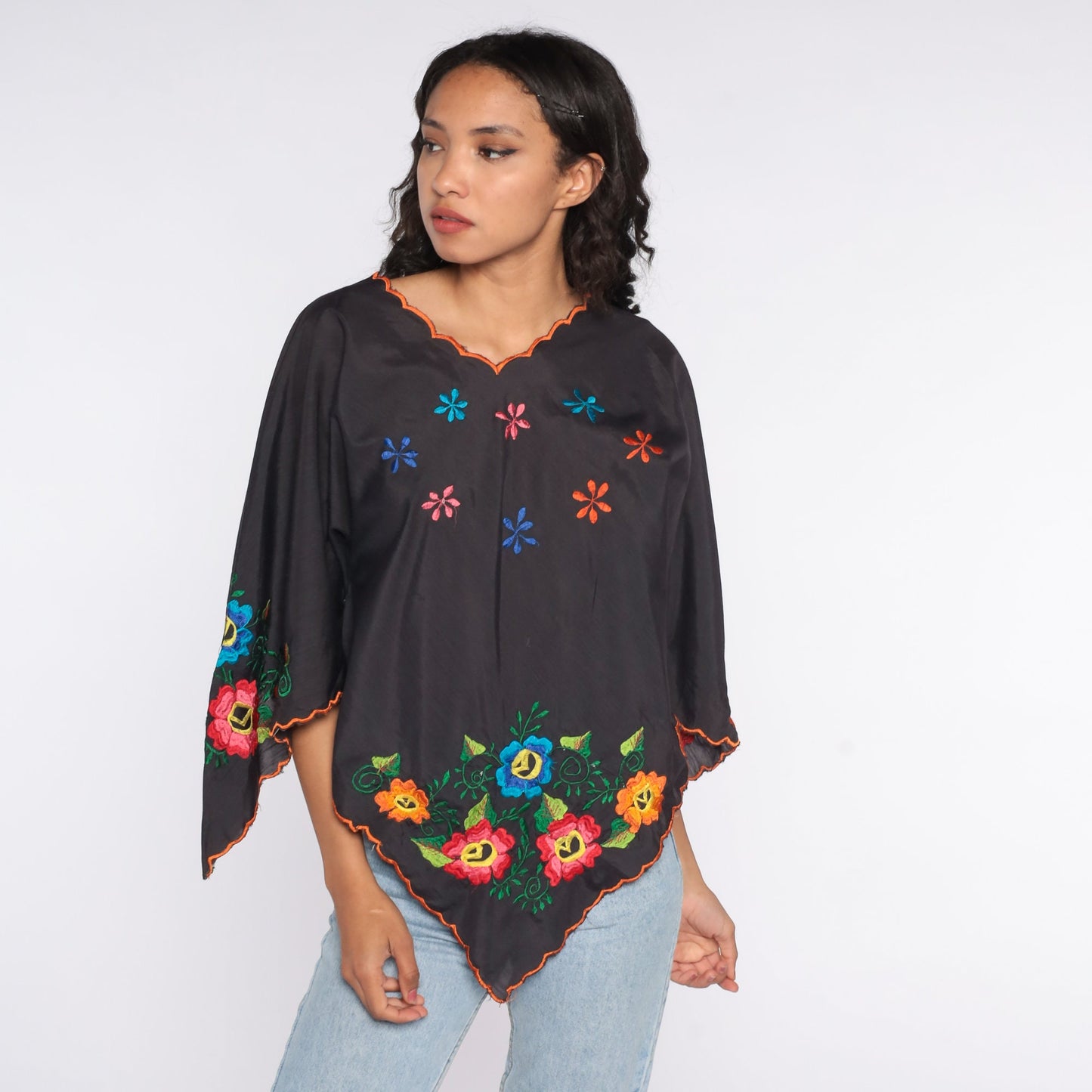 90s Black Floral Embroidered Bell Sleeve Tunic Top Small Medium